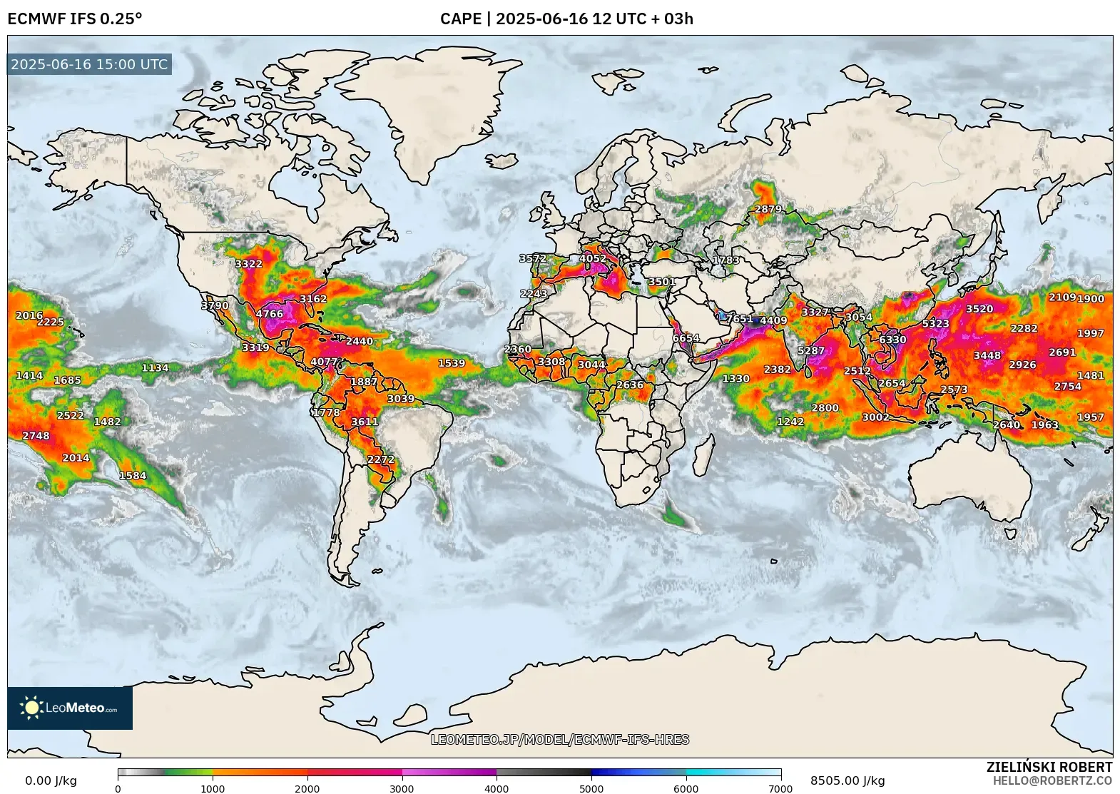 ECMWF IFS 0.25° model - 世界, CAPE ECMWF IFS 0.25° model - 世界, CAPE