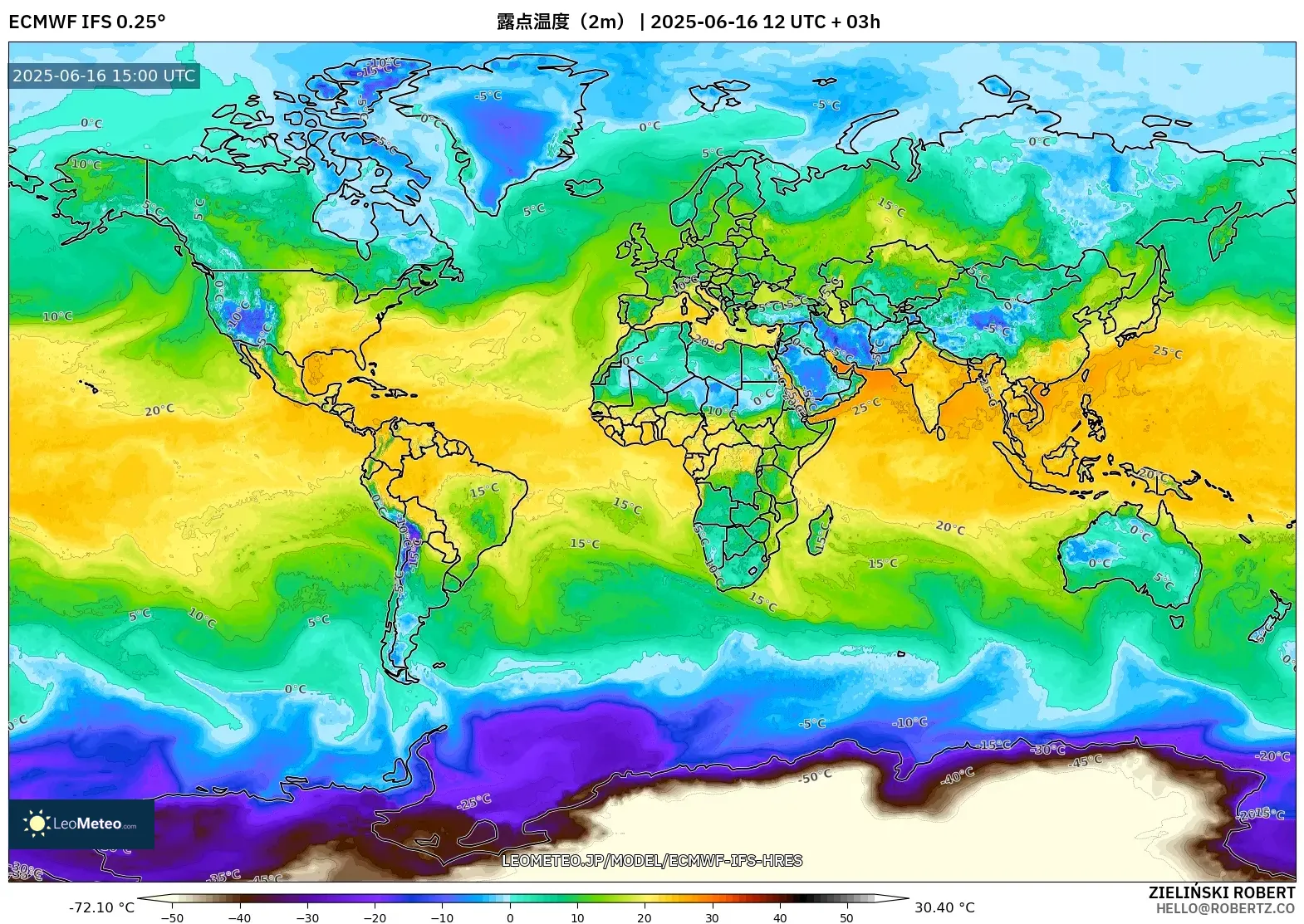 ECMWF IFS 0.25° model - 世界, 露点温度(2m) ECMWF IFS 0.25° model - 世界, 露点温度(2m)
