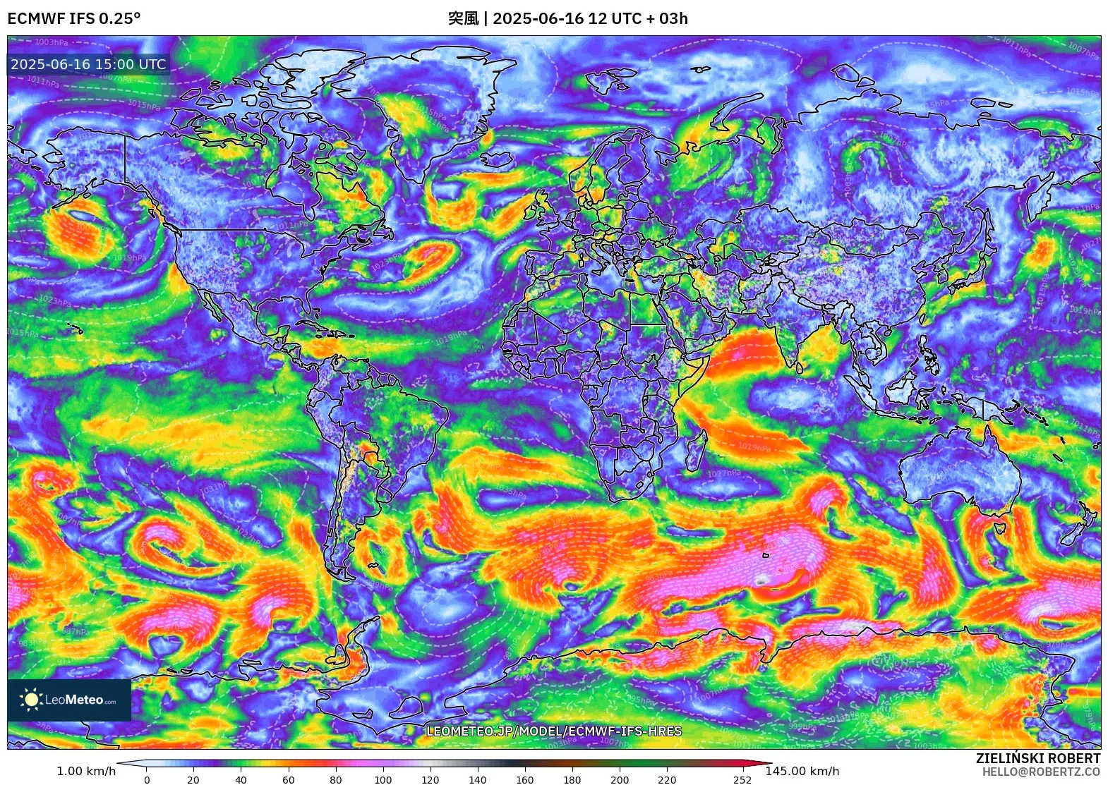 ECMWF IFS 0.25° model - 世界, 突風 ECMWF IFS 0.25° model - 世界, 突風