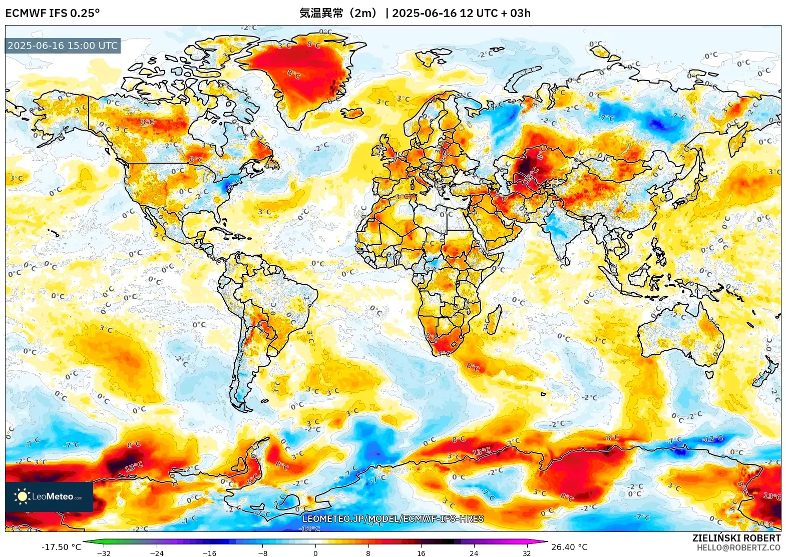 ECMWF IFS 0.25° model - 世界, 気温異常(2m) ECMWF IFS 0.25° model - 世界, 気温異常(2m)