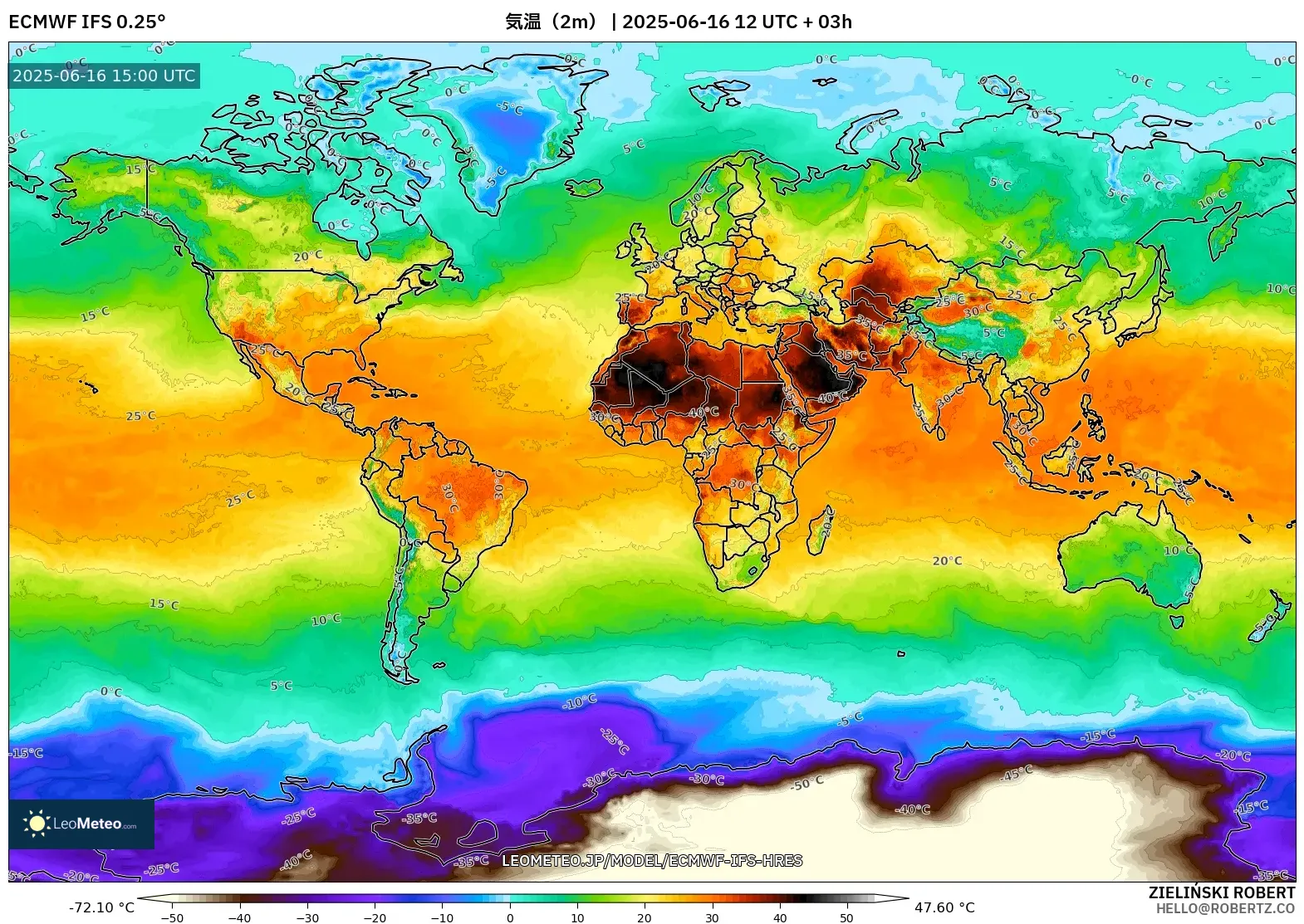 ECMWF IFS 0.25° model - 世界, 気温(2m) ECMWF IFS 0.25° model - 世界, 気温(2m)