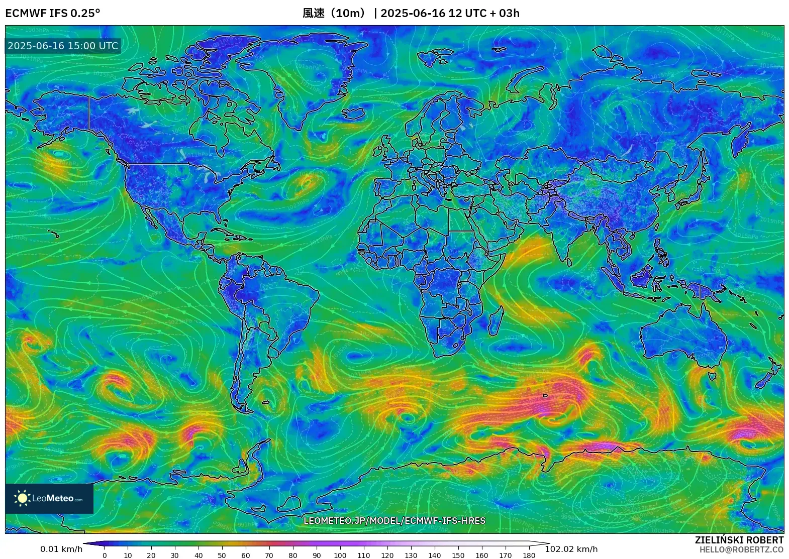 ECMWF IFS 0.25° model - 世界, 風速(10m) ECMWF IFS 0.25° model - 世界, 風速(10m)