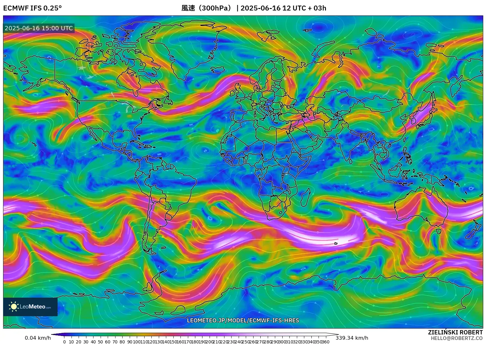 ECMWF IFS 0.25° model - 世界, 風速(300hPa) ECMWF IFS 0.25° model - 世界, 風速(300hPa)