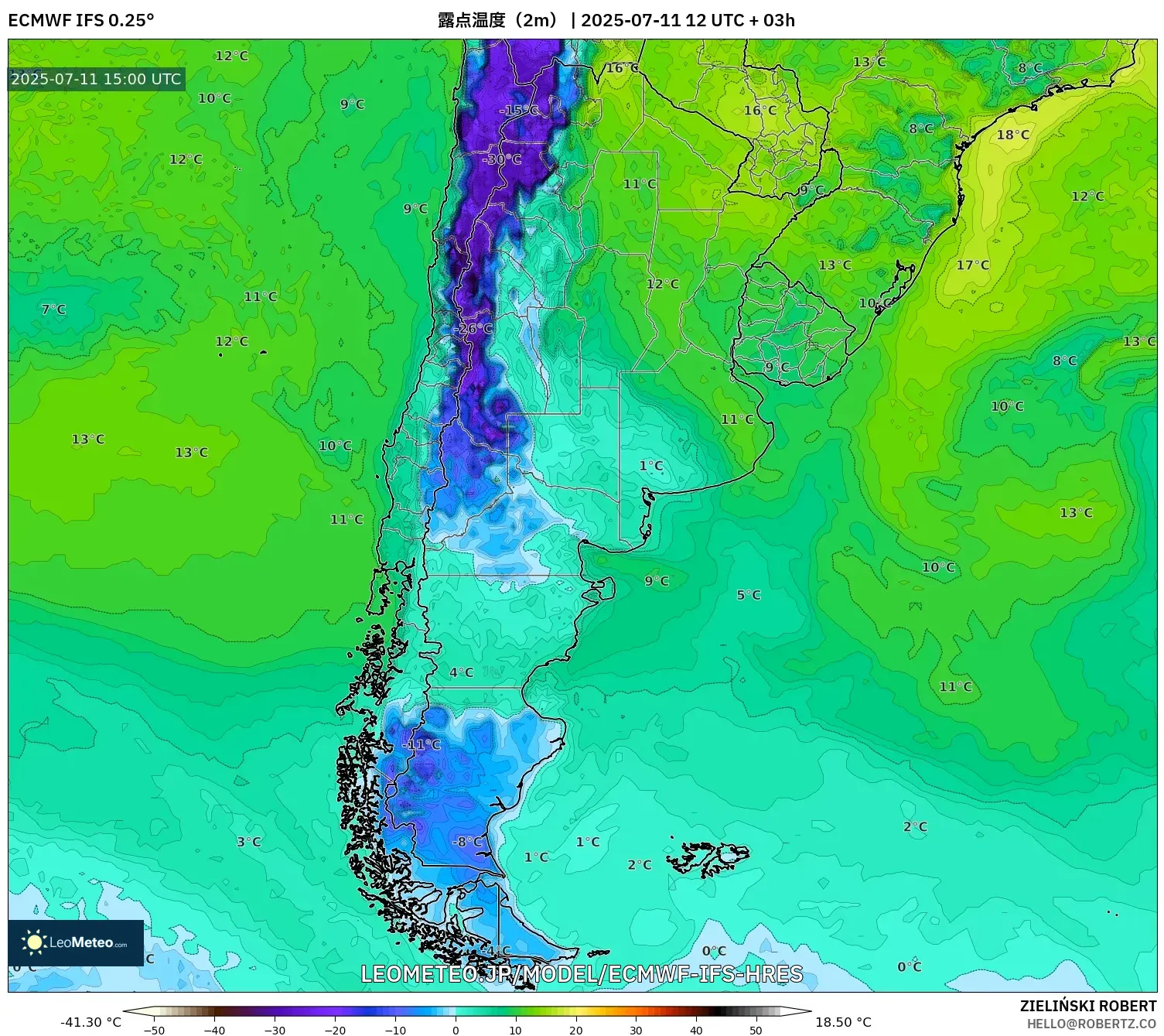 ECMWF IFS 0.25° model - アルゼンチン, 露点温度(2m) ECMWF IFS 0.25° model - アルゼンチン, 露点温度(2m)