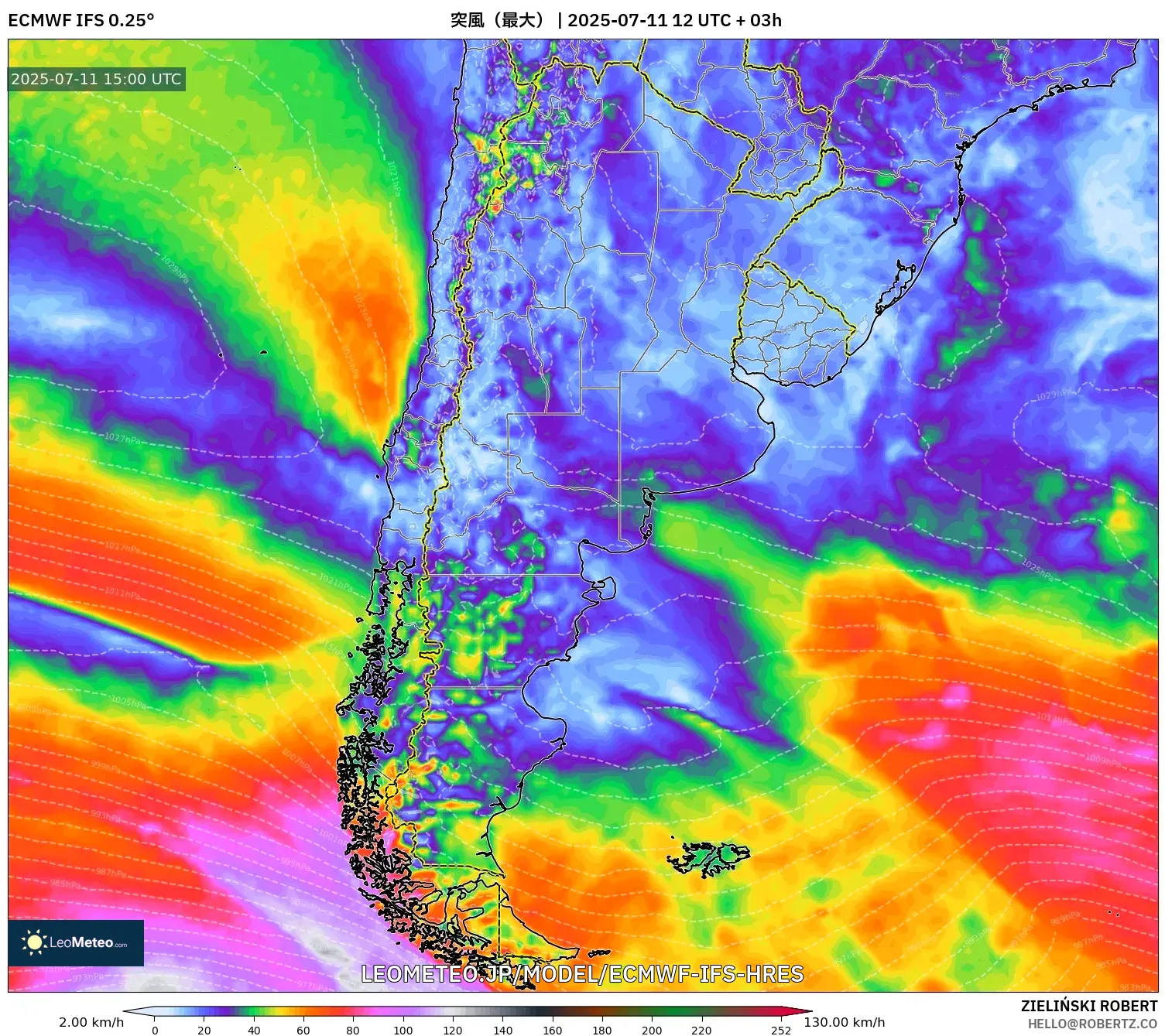 ECMWF IFS 0.25° model - アルゼンチン, 突風(最大) ECMWF IFS 0.25° model - アルゼンチン, 突風(最大)
