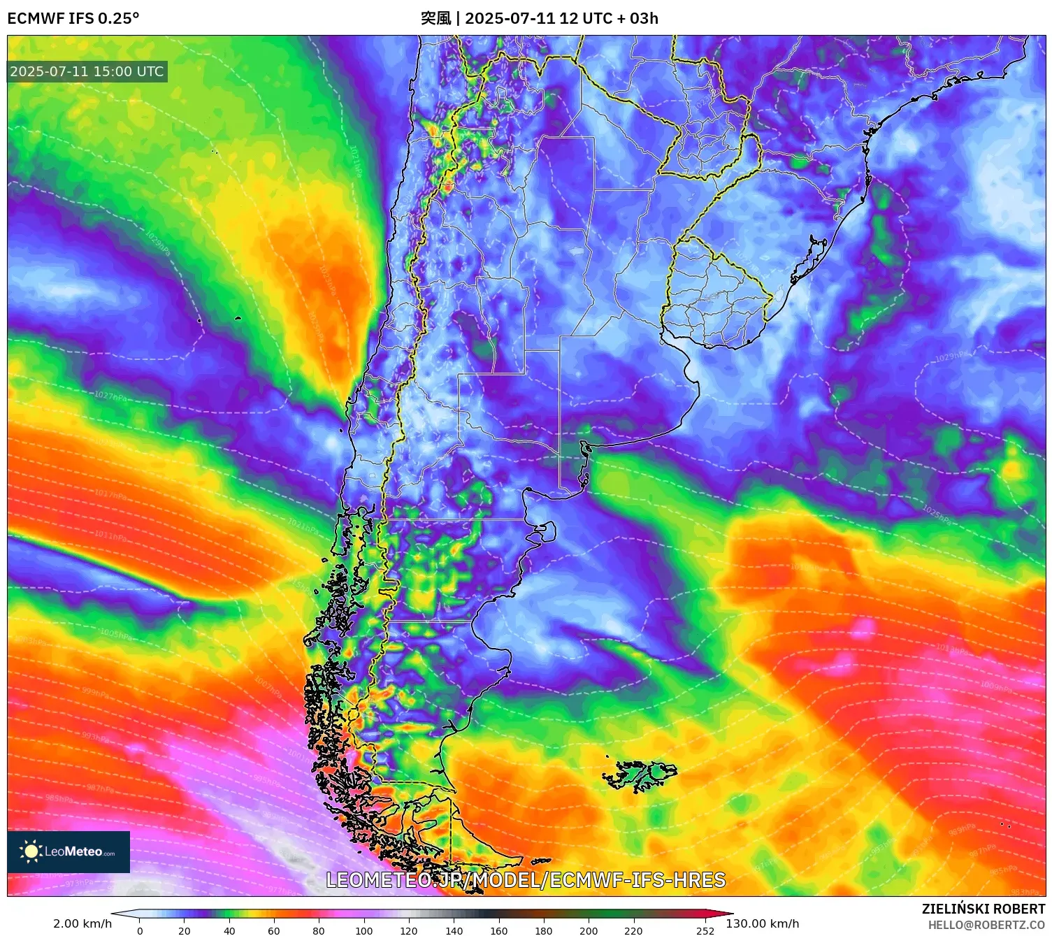 ECMWF IFS 0.25° model - アルゼンチン, 突風 ECMWF IFS 0.25° model - アルゼンチン, 突風