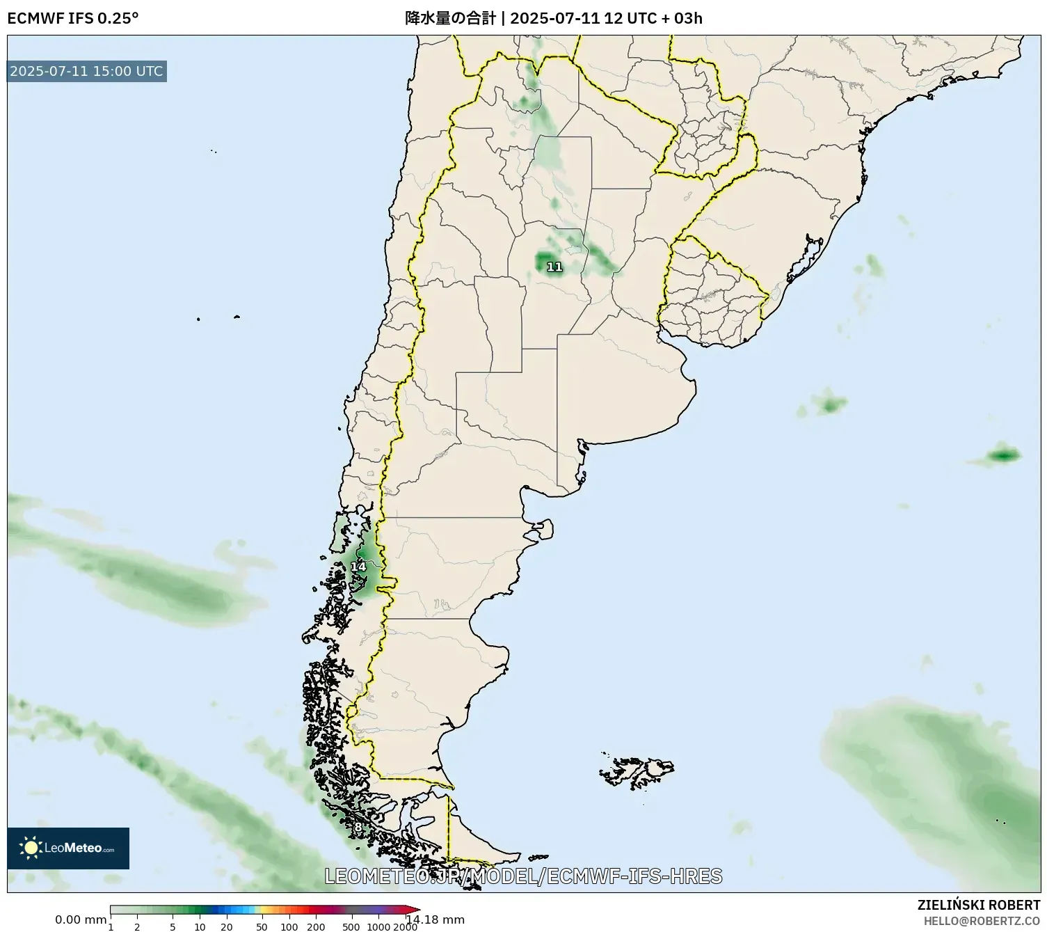 ECMWF IFS 0.25° model - アルゼンチン, 降水量の合計