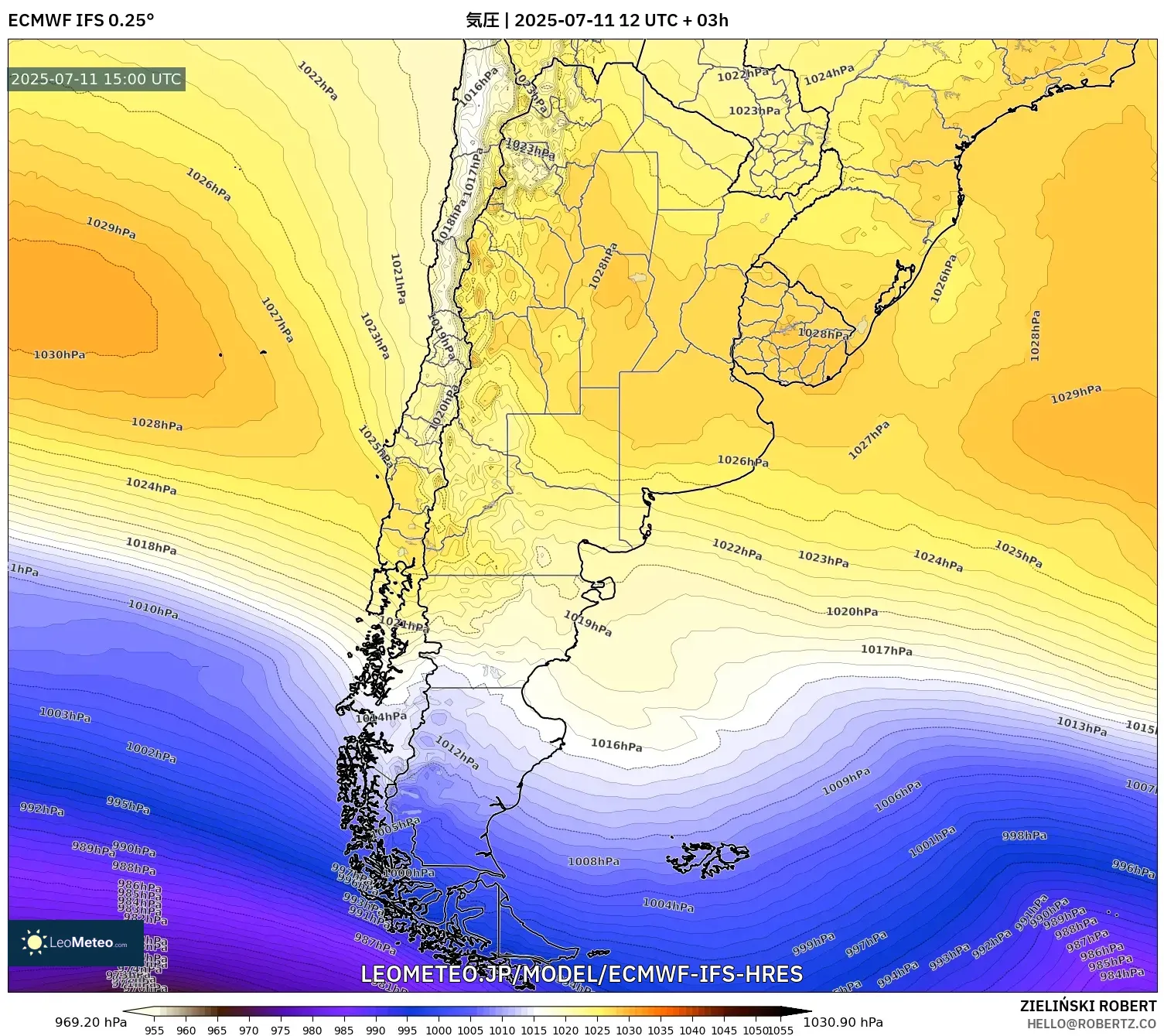 ECMWF IFS 0.25° model - アルゼンチン, 気圧 ECMWF IFS 0.25° model - アルゼンチン, 気圧