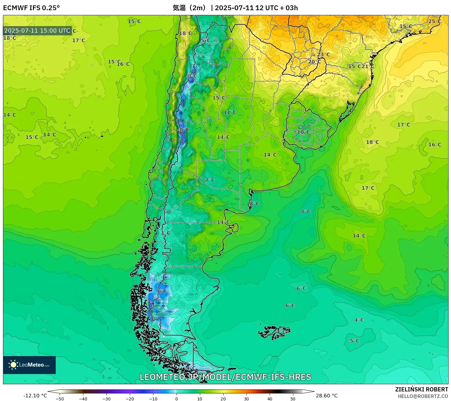 ECMWF IFS 0.25° model - アルゼンチン, 気温(2m) ECMWF IFS 0.25° model - アルゼンチン, 気温(2m)