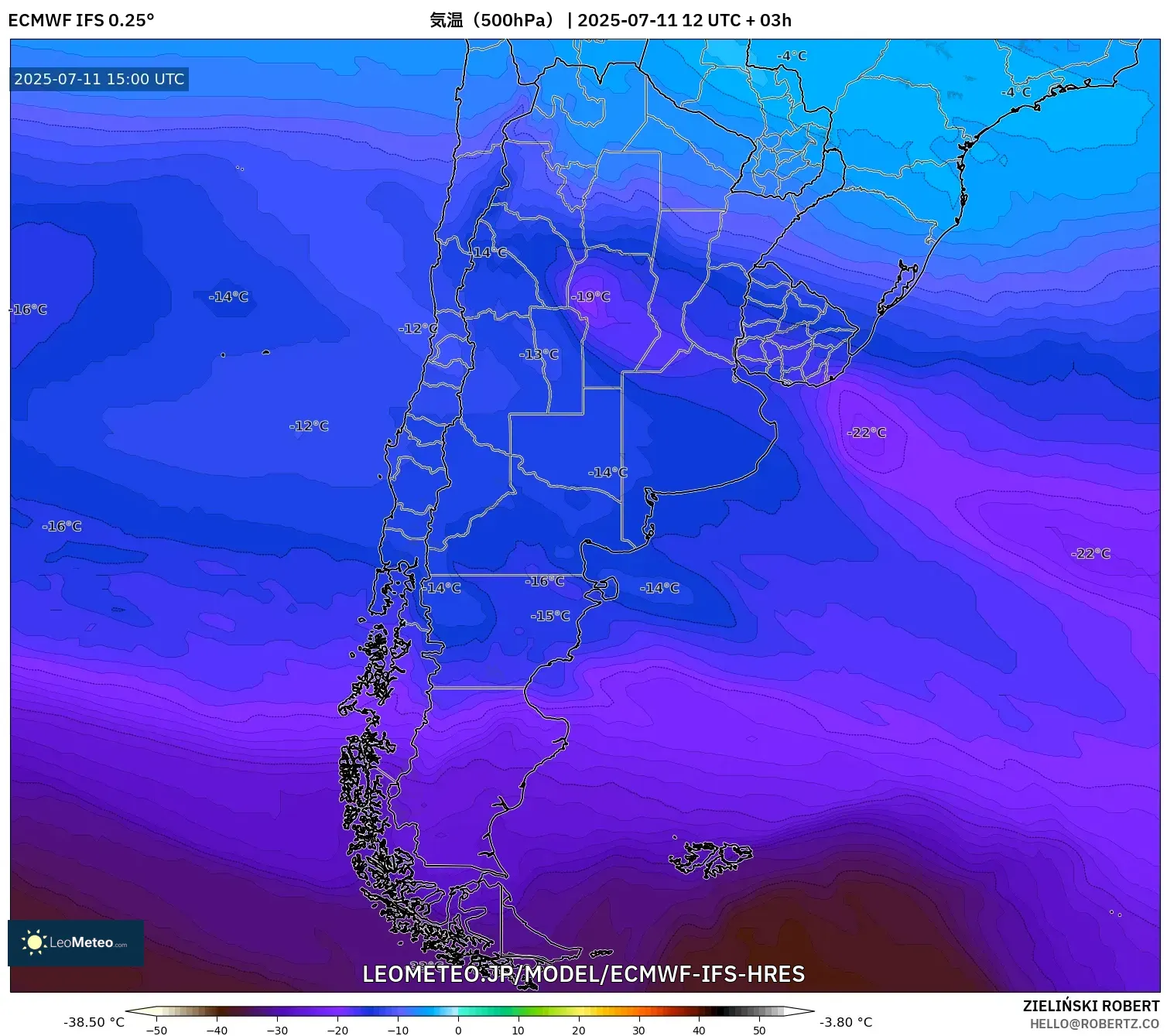 ECMWF IFS 0.25° model - アルゼンチン, 気温(500hPa) ECMWF IFS 0.25° model - アルゼンチン, 気温(500hPa)