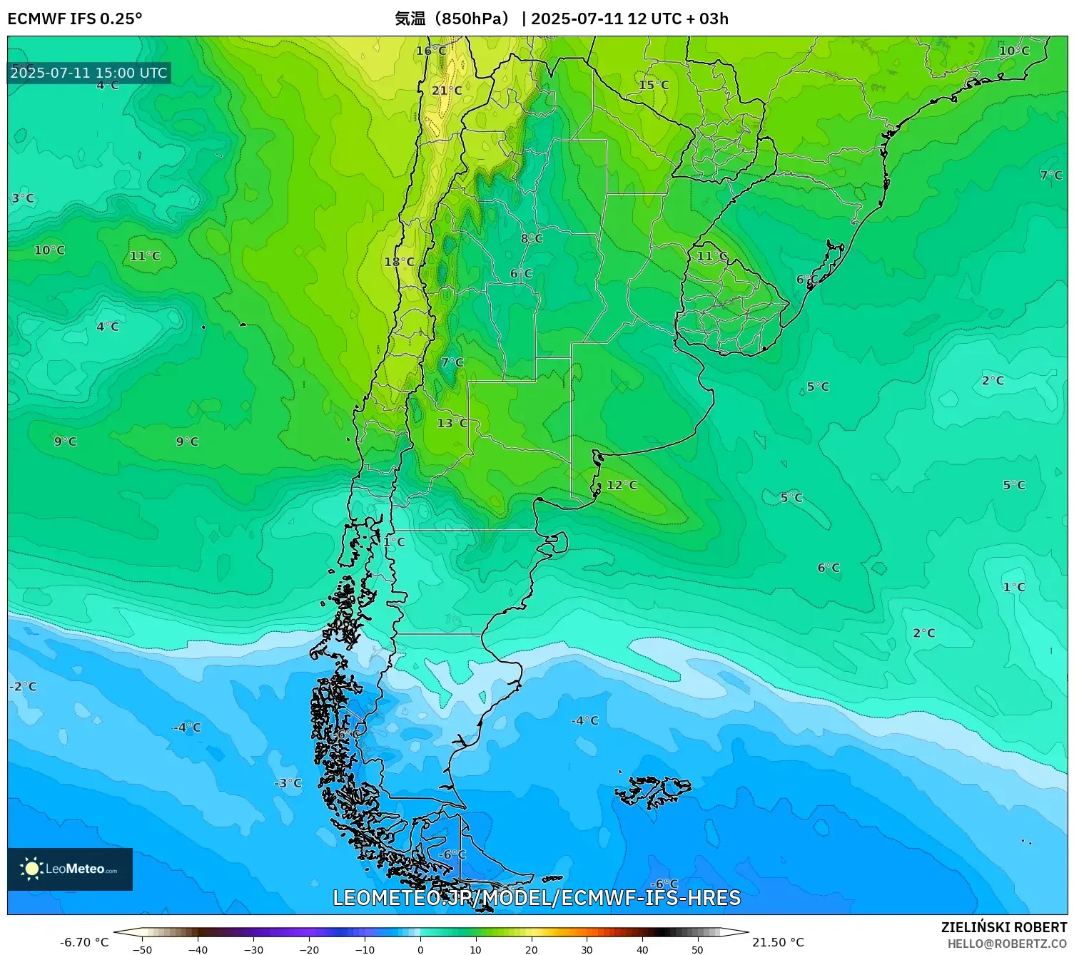 ECMWF IFS 0.25° model - アルゼンチン, 気温(850hPa) ECMWF IFS 0.25° model - アルゼンチン, 気温(850hPa)
