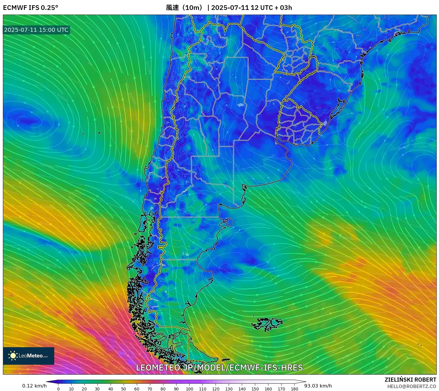 ECMWF IFS 0.25° model - アルゼンチン, 風速(10m) ECMWF IFS 0.25° model - アルゼンチン, 風速(10m)