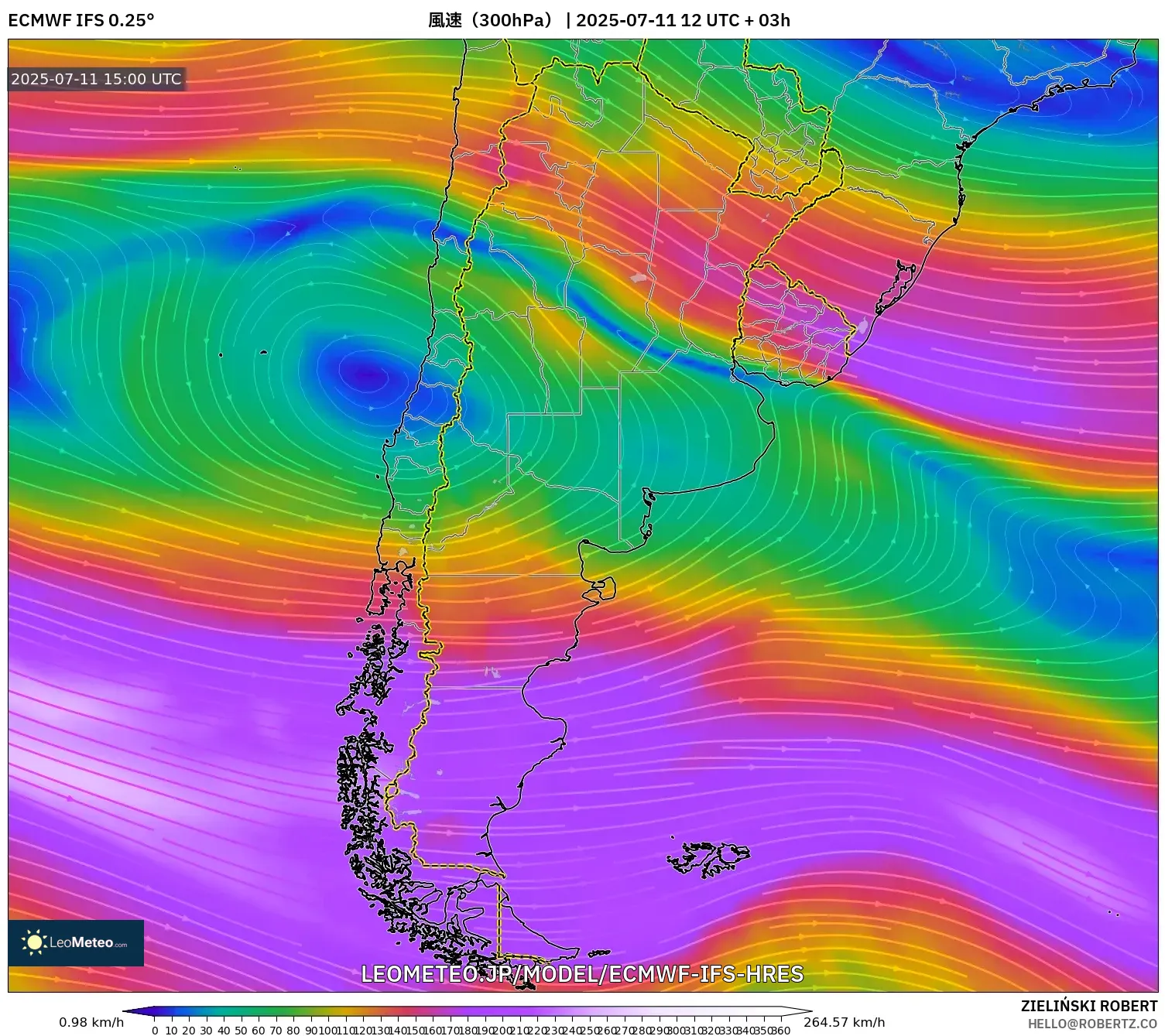 ECMWF IFS 0.25° model - アルゼンチン, 風速(300hPa) ECMWF IFS 0.25° model - アルゼンチン, 風速(300hPa)