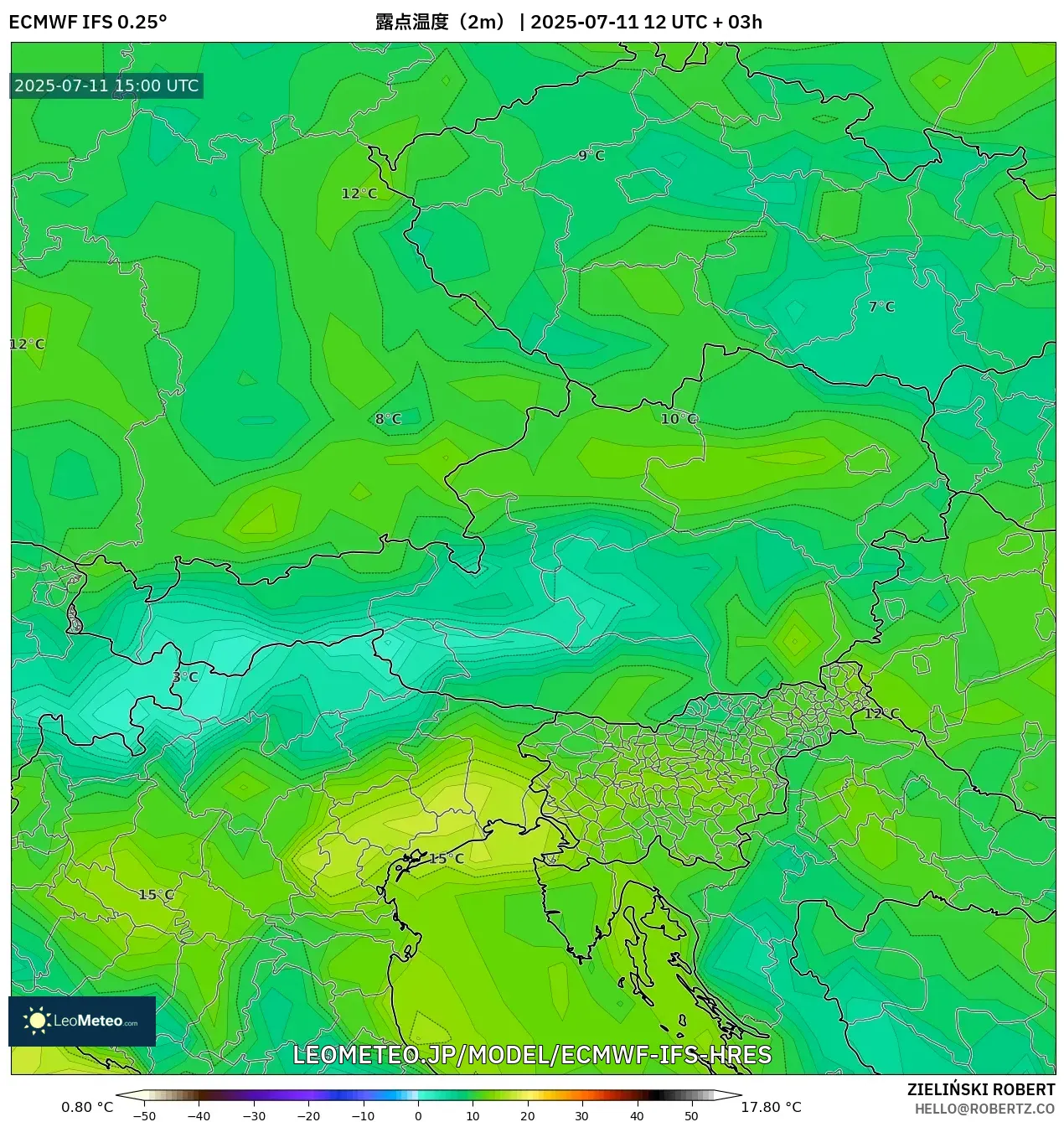 ECMWF IFS 0.25° model - オーストリア, 露点温度(2m) ECMWF IFS 0.25° model - オーストリア, 露点温度(2m)