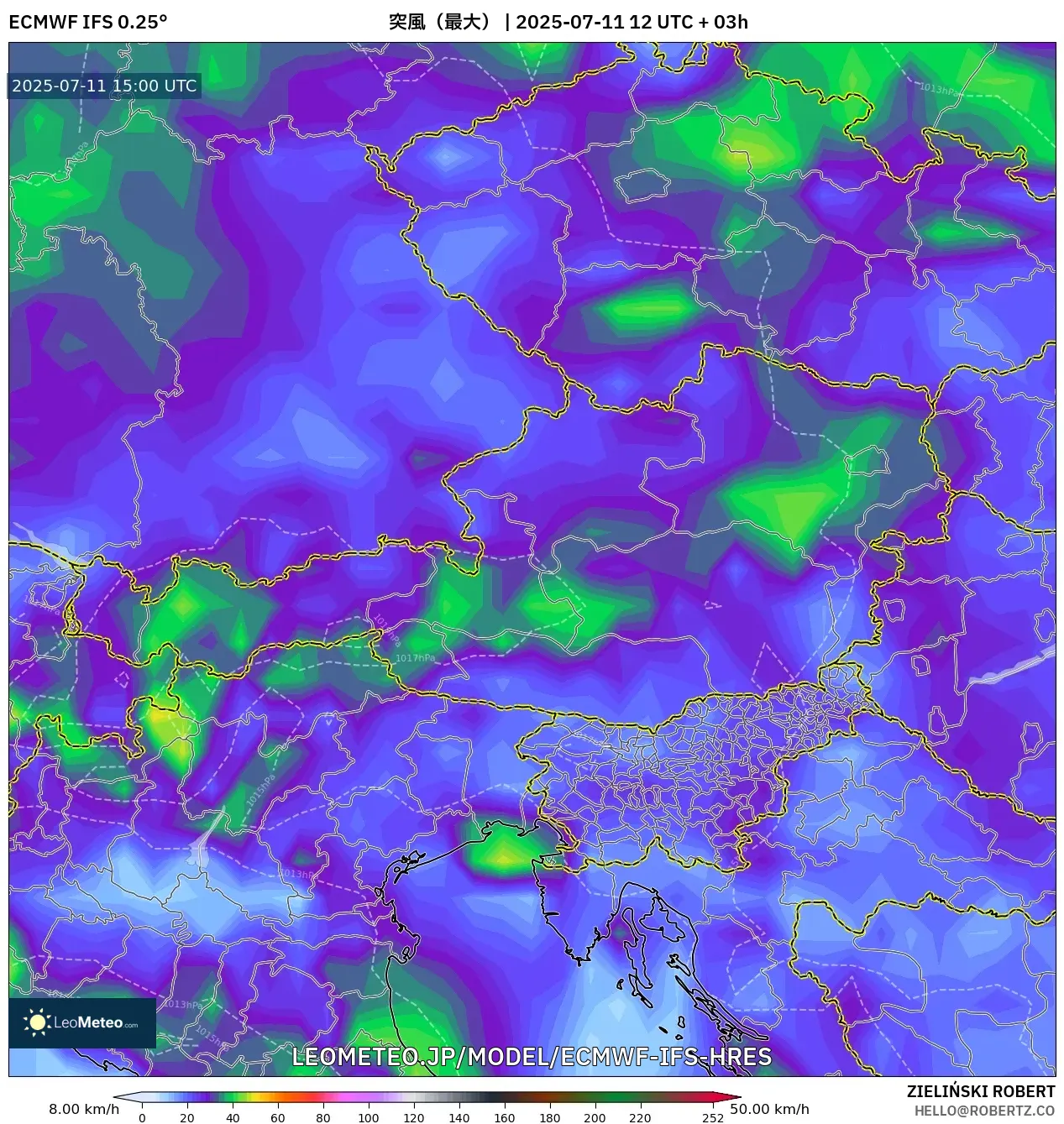 ECMWF IFS 0.25° model - オーストリア, 突風(最大) ECMWF IFS 0.25° model - オーストリア, 突風(最大)