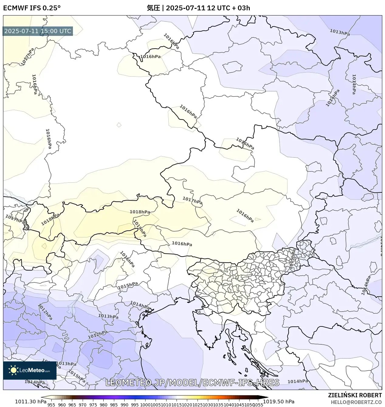 ECMWF IFS 0.25° model - オーストリア, 気圧 ECMWF IFS 0.25° model - オーストリア, 気圧