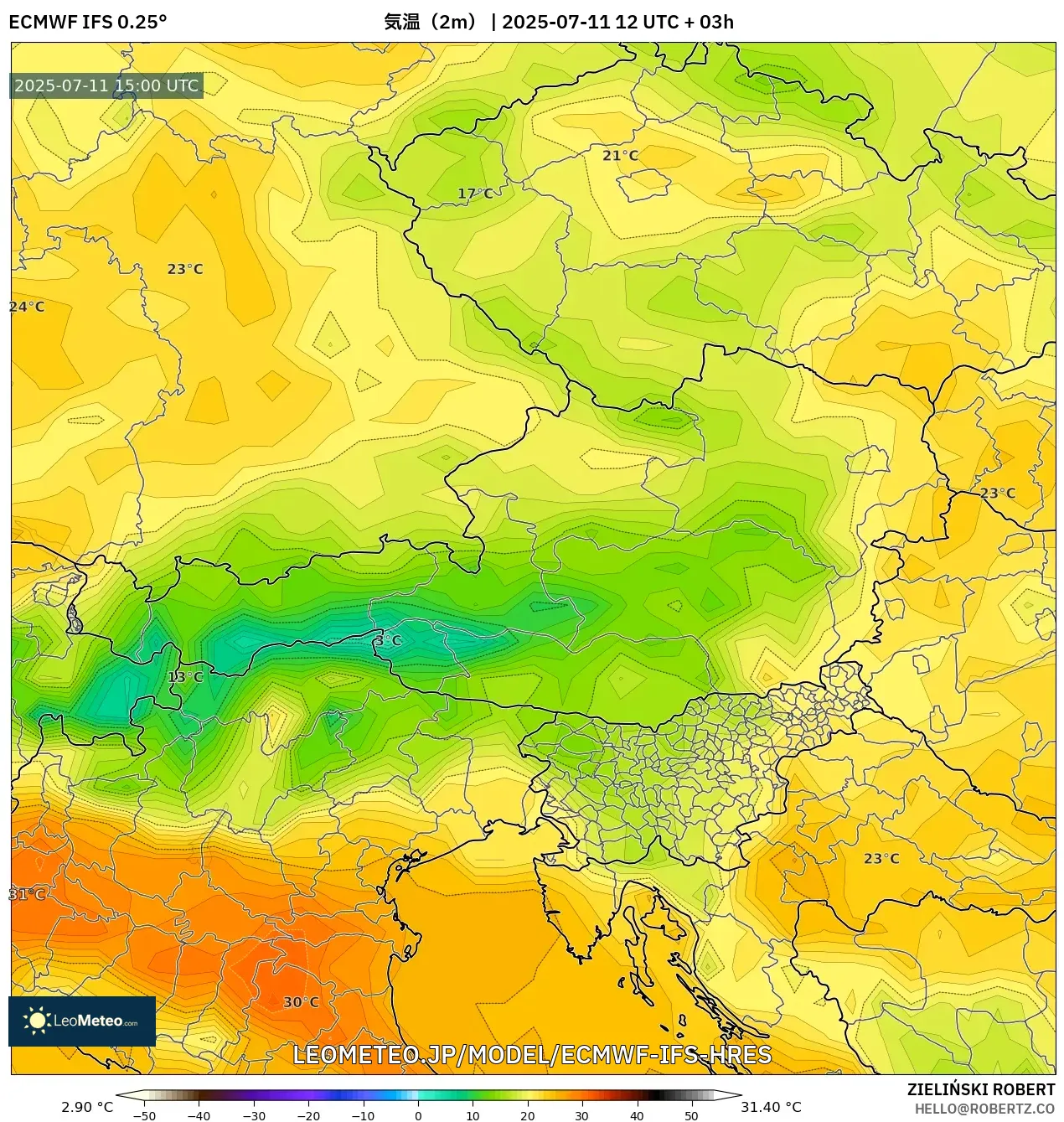 ECMWF IFS 0.25° model - オーストリア, 気温（2m）
