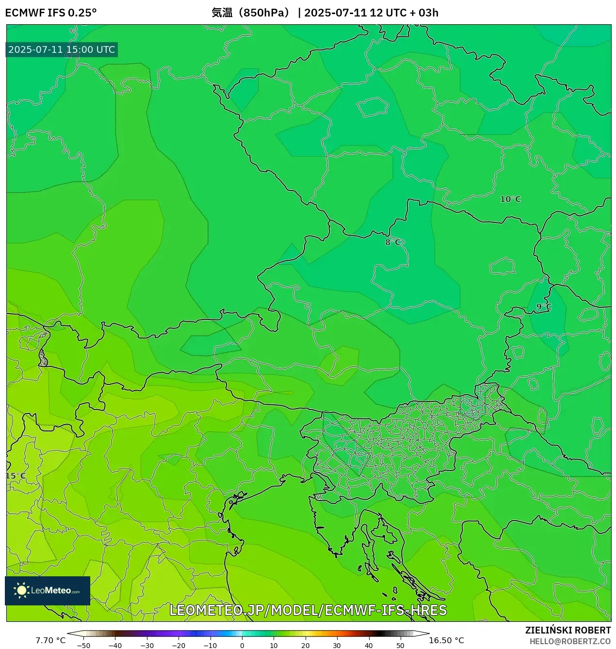 ECMWF IFS 0.25° model - オーストリア, 気温(850hPa) ECMWF IFS 0.25° model - オーストリア, 気温(850hPa)
