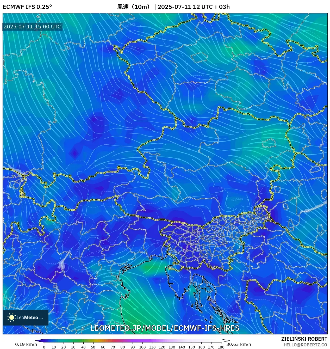 ECMWF IFS 0.25° model - オーストリア, 風速(10m) ECMWF IFS 0.25° model - オーストリア, 風速(10m)