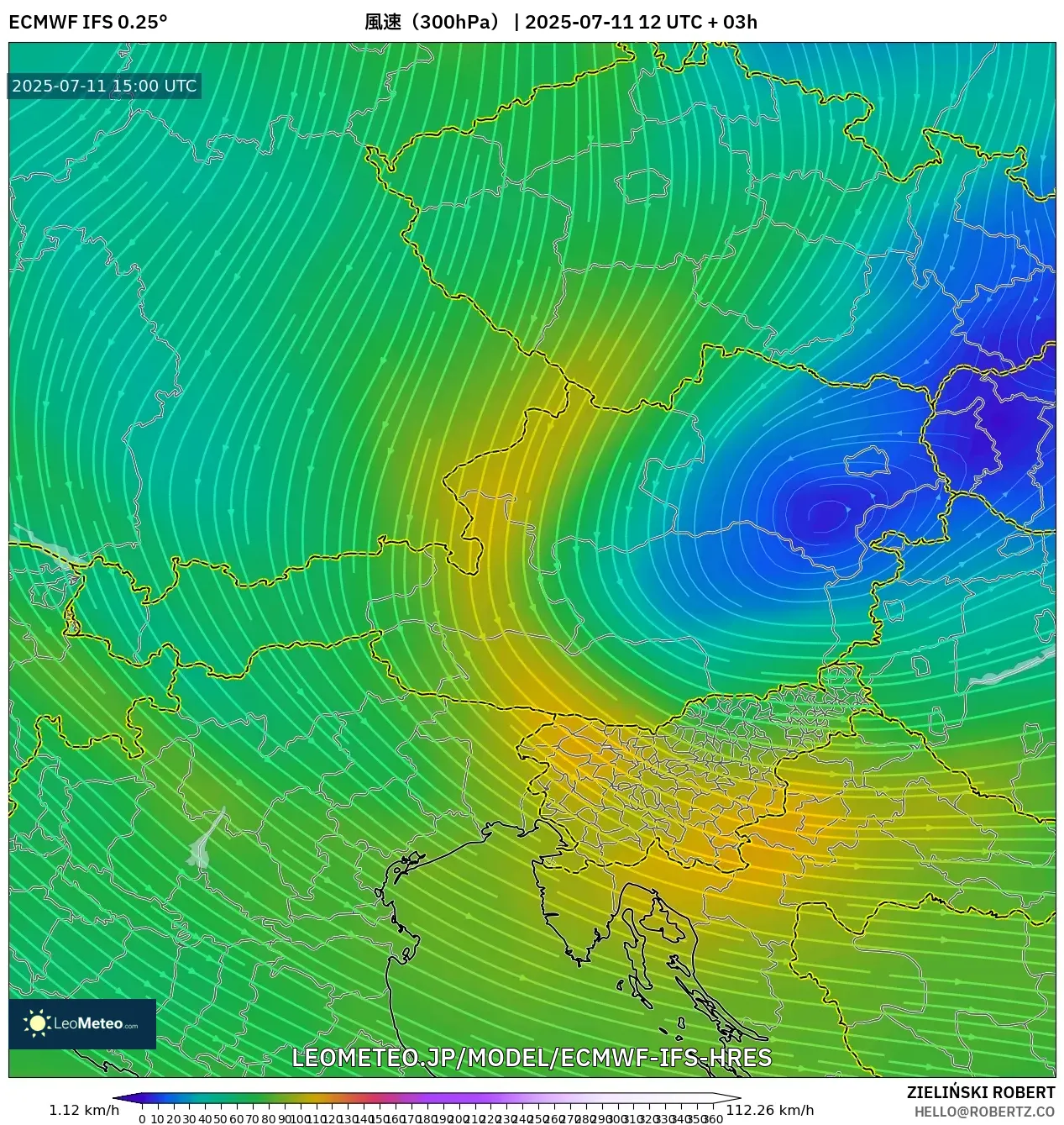 ECMWF IFS 0.25° model - オーストリア, 風速(300hPa) ECMWF IFS 0.25° model - オーストリア, 風速(300hPa)