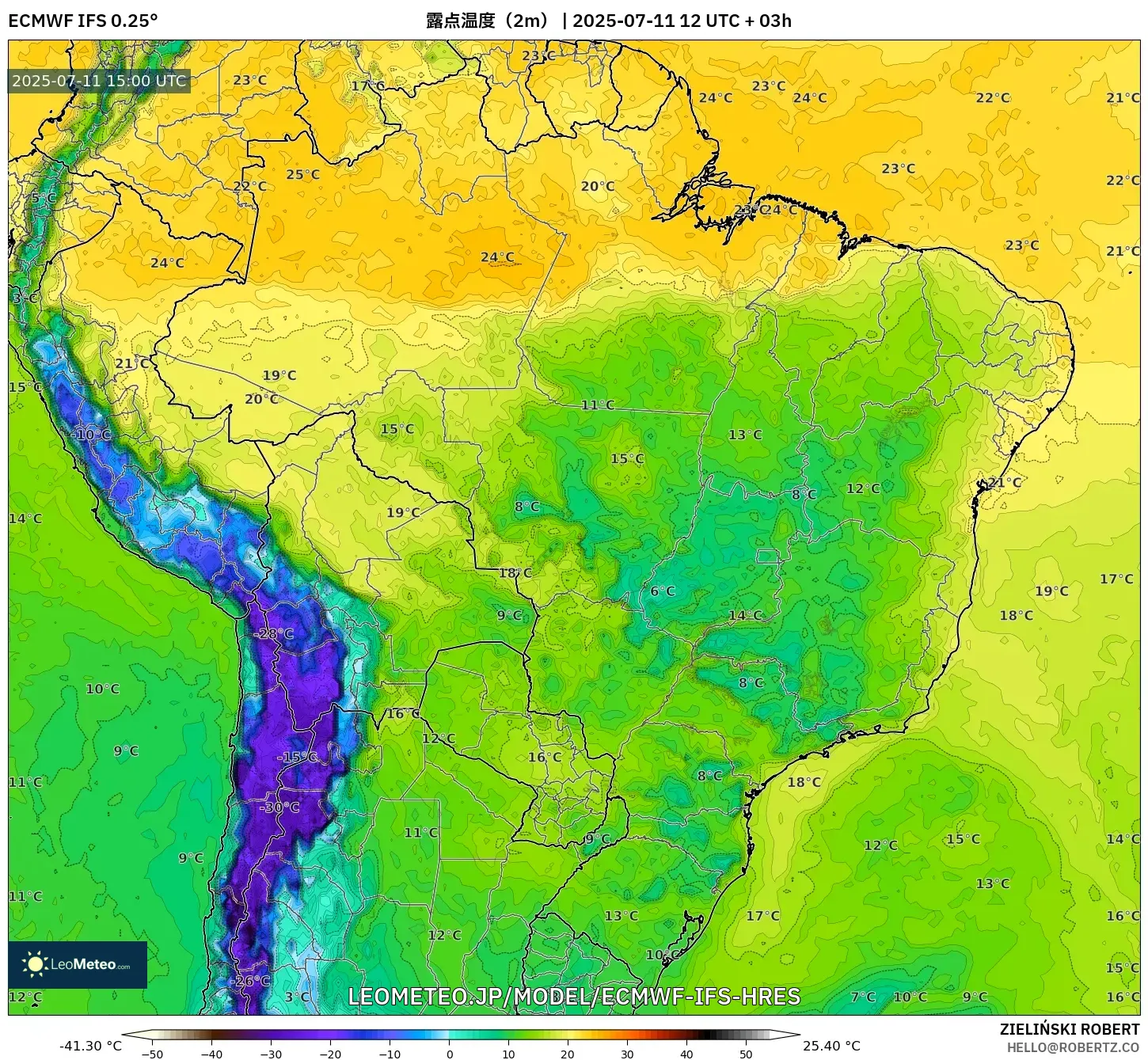 ECMWF IFS 0.25° model - ブラジル, 露点温度(2m) ECMWF IFS 0.25° model - ブラジル, 露点温度(2m)