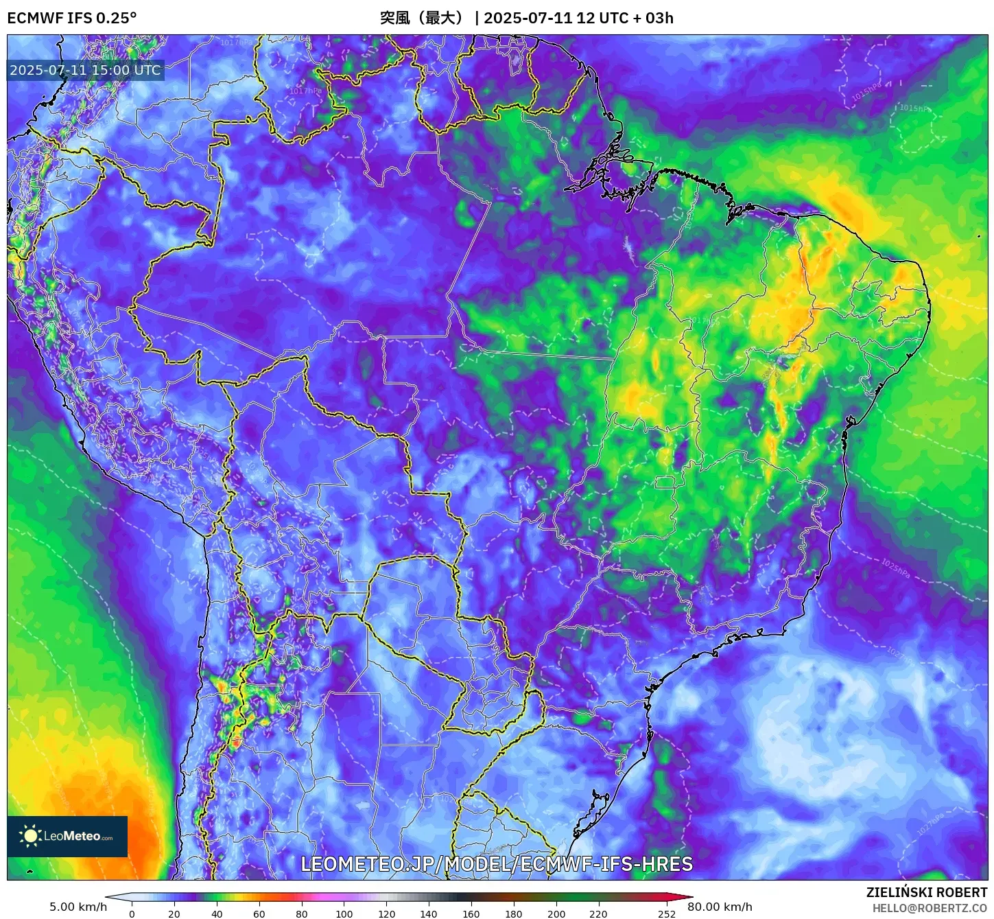 ECMWF IFS 0.25° model - ブラジル, 突風(最大) ECMWF IFS 0.25° model - ブラジル, 突風(最大)