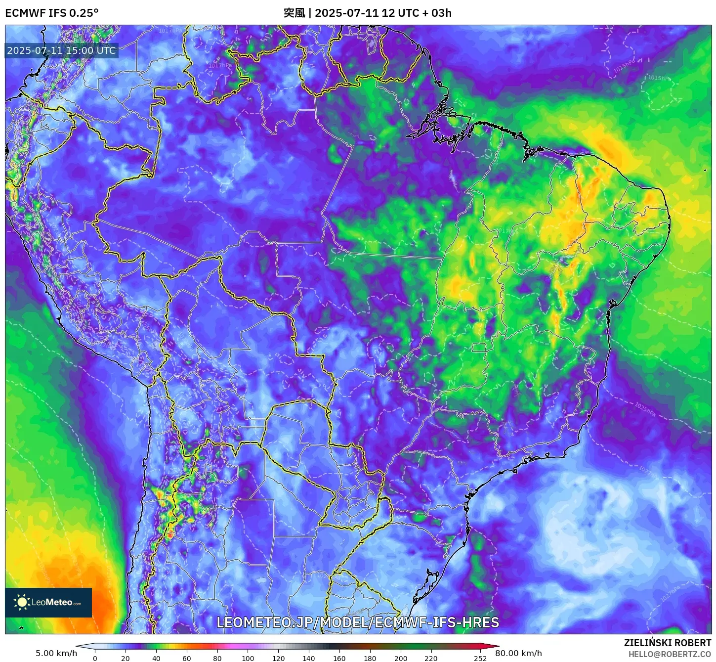 ECMWF IFS 0.25° model - ブラジル, 突風 ECMWF IFS 0.25° model - ブラジル, 突風