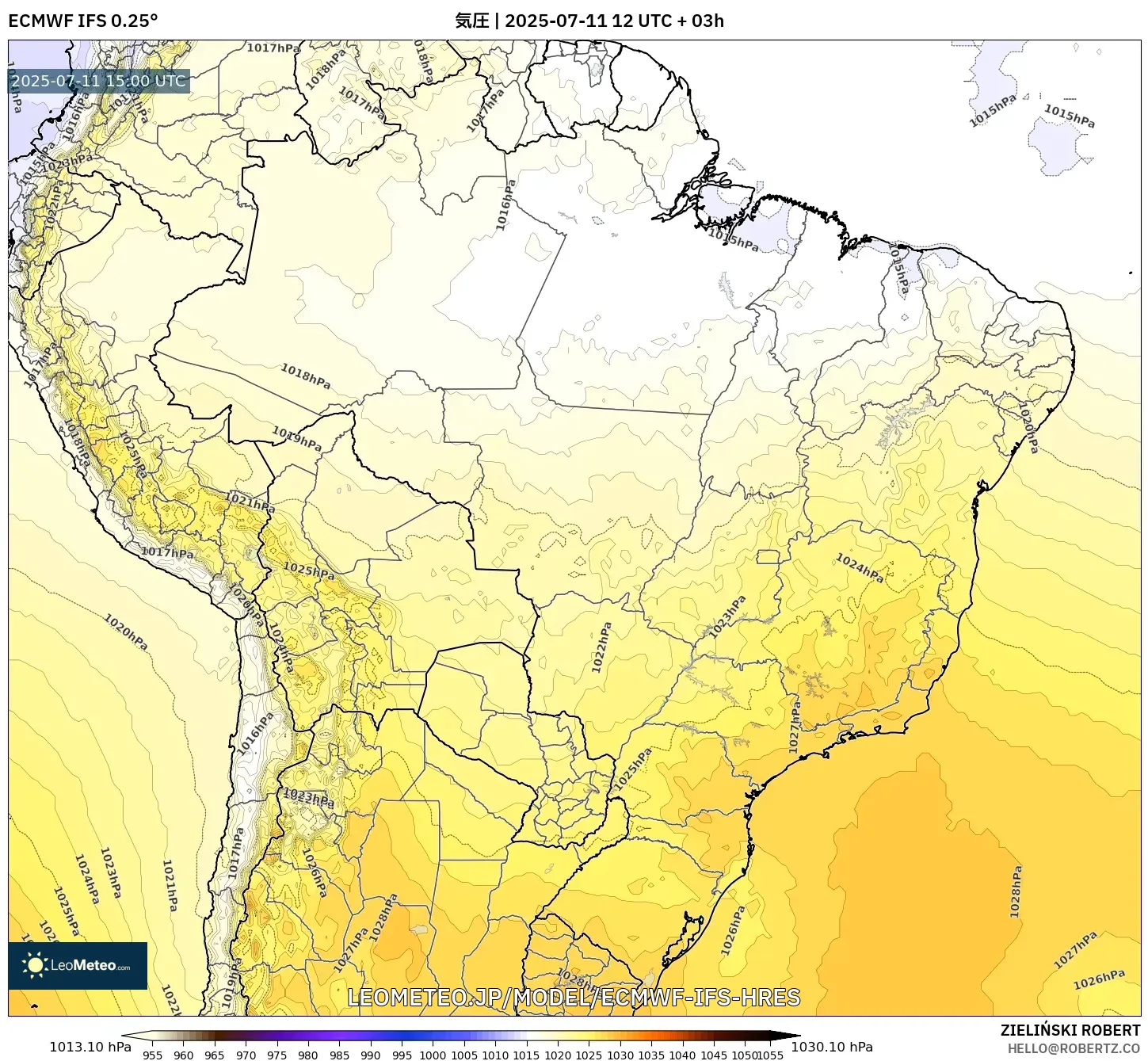 ECMWF IFS 0.25° model - ブラジル, 気圧 ECMWF IFS 0.25° model - ブラジル, 気圧