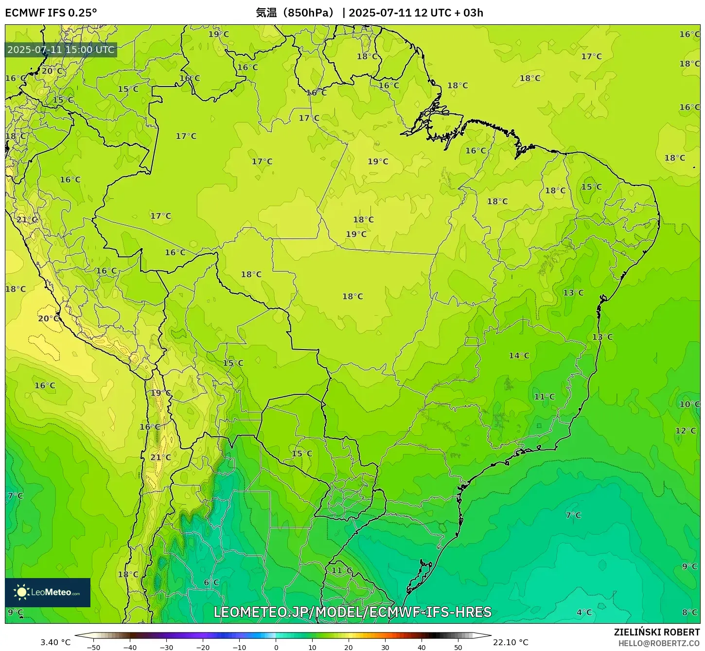 ECMWF IFS 0.25° model - ブラジル, 気温(850hPa) ECMWF IFS 0.25° model - ブラジル, 気温(850hPa)