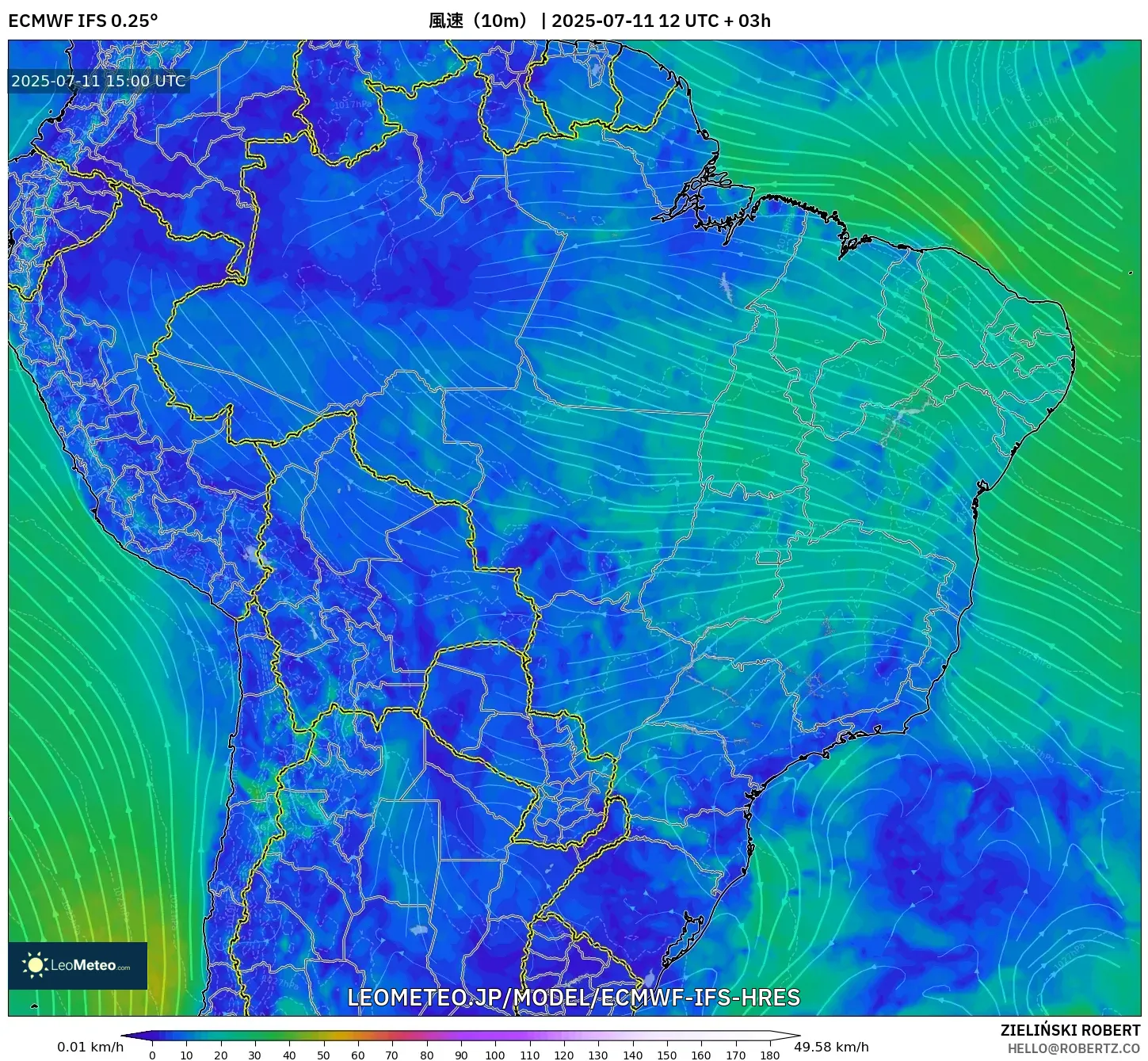 ECMWF IFS 0.25° model - ブラジル, 風速(10m) ECMWF IFS 0.25° model - ブラジル, 風速(10m)