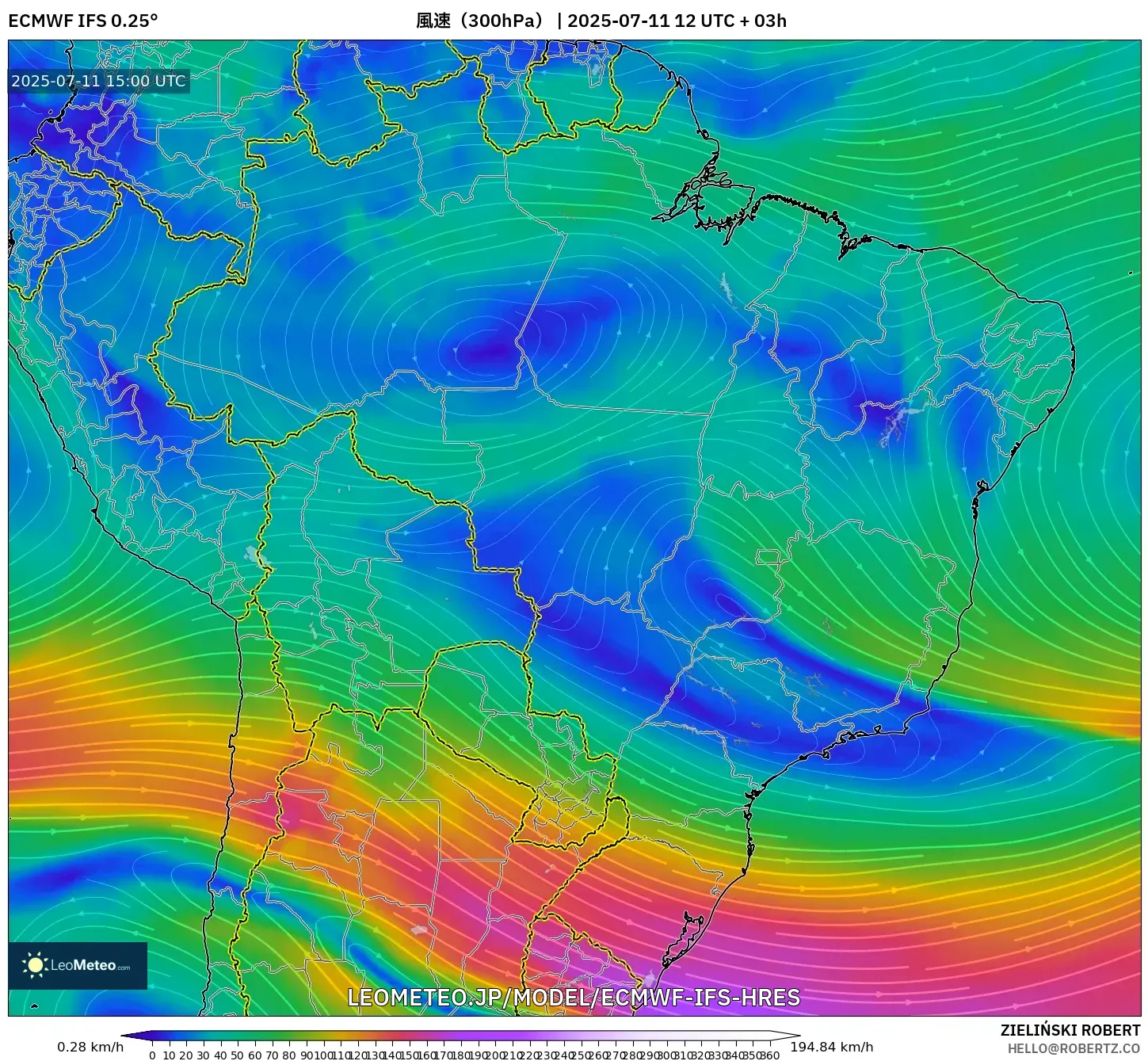 ECMWF IFS 0.25° model - ブラジル, 風速(300hPa) ECMWF IFS 0.25° model - ブラジル, 風速(300hPa)
