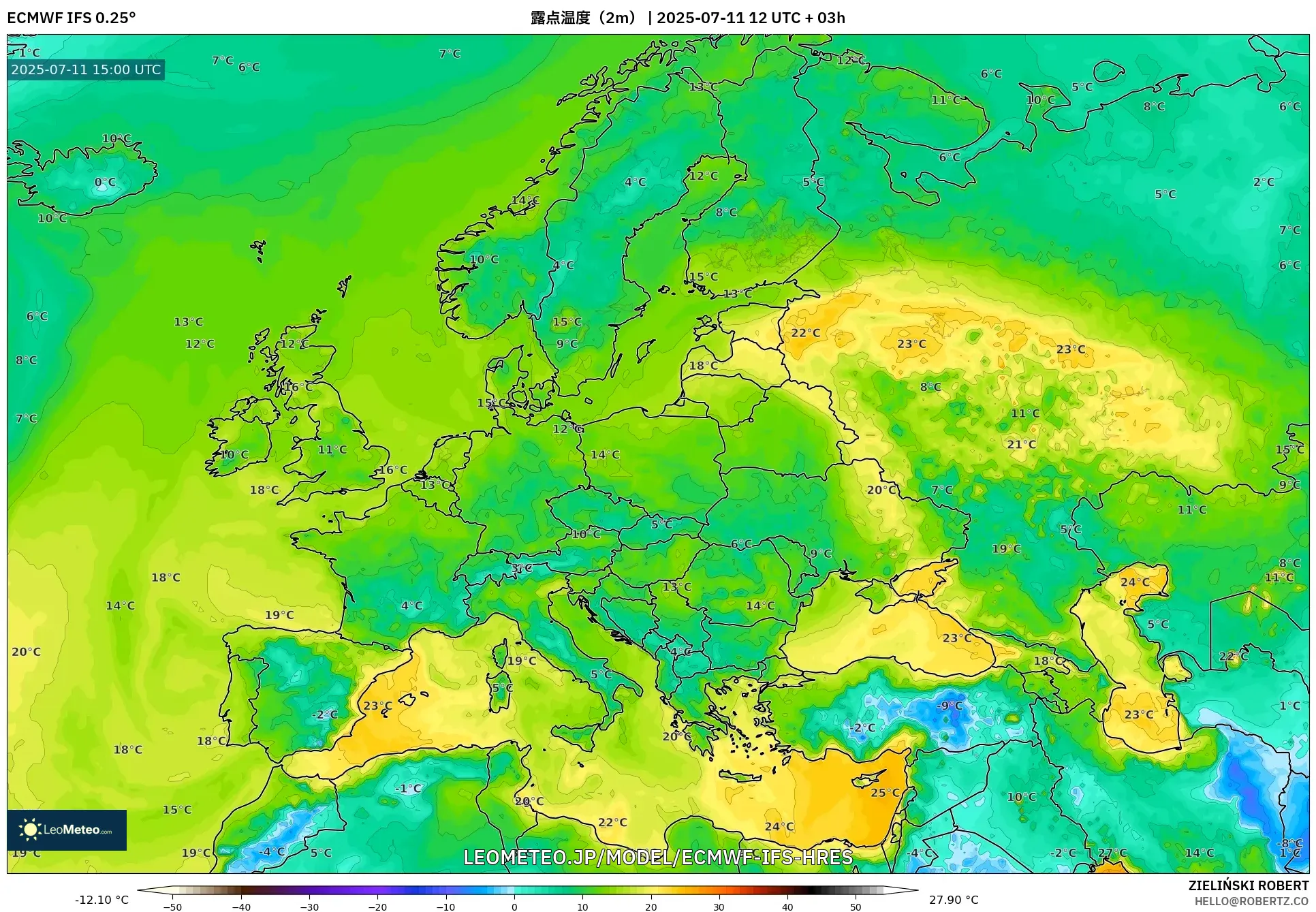 ECMWF IFS 0.25° model - ヨーロッパ, 露点温度(2m) ECMWF IFS 0.25° model - ヨーロッパ, 露点温度(2m)
