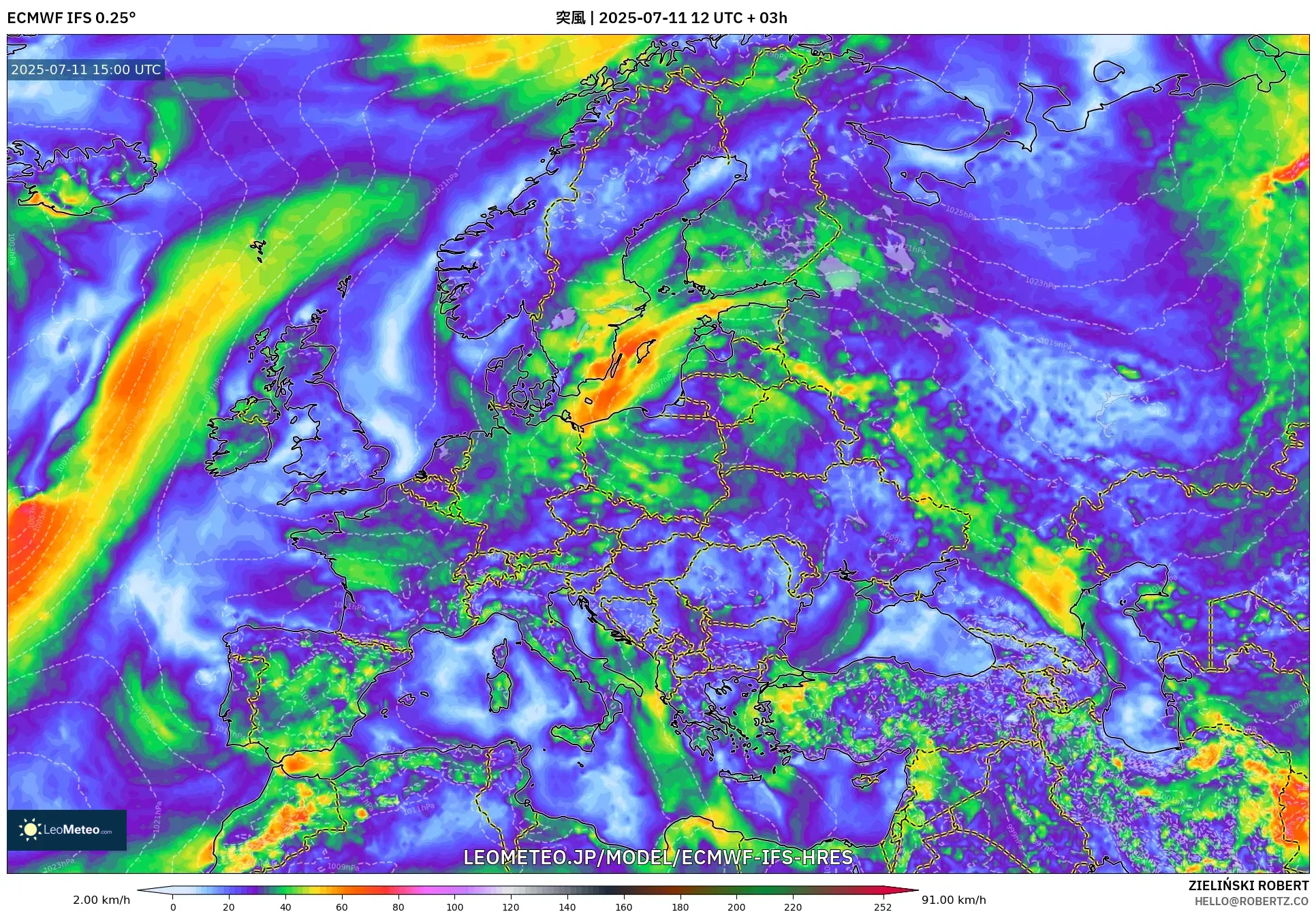 ECMWF IFS 0.25° model - ヨーロッパ, 突風 ECMWF IFS 0.25° model - ヨーロッパ, 突風