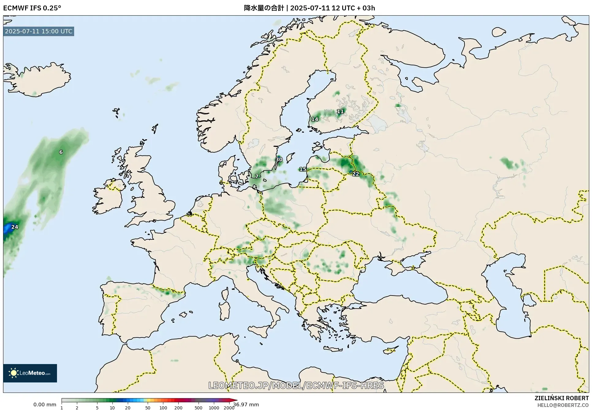 ECMWF IFS 0.25° model - ヨーロッパ, 降水量の合計 ECMWF IFS 0.25° model - ヨーロッパ, 降水量の合計