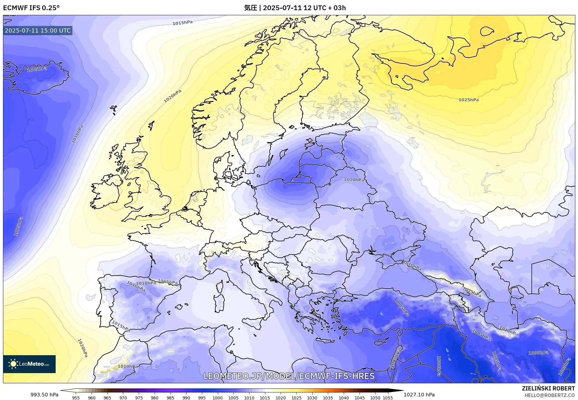 ECMWF IFS 0.25° model - ヨーロッパ, 気圧 ECMWF IFS 0.25° model - ヨーロッパ, 気圧