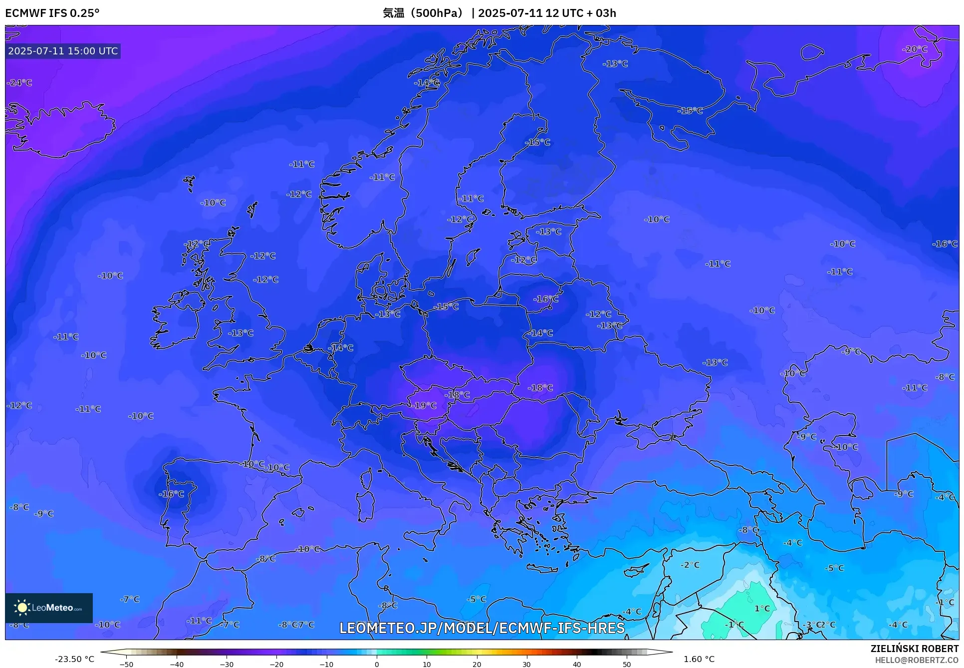 ECMWF IFS 0.25° model - ヨーロッパ, 気温(500hPa) ECMWF IFS 0.25° model - ヨーロッパ, 気温(500hPa)