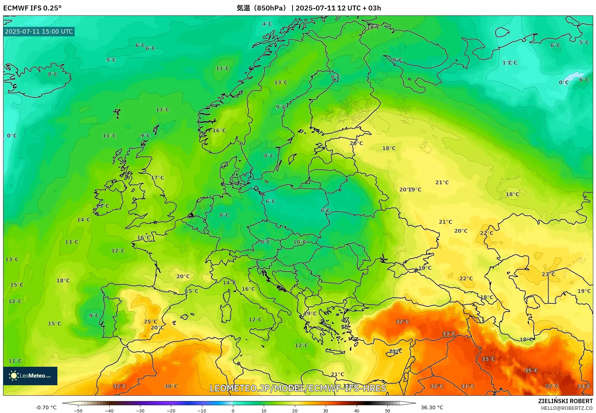 ECMWF IFS 0.25° model - ヨーロッパ, 気温(850hPa) ECMWF IFS 0.25° model - ヨーロッパ, 気温(850hPa)