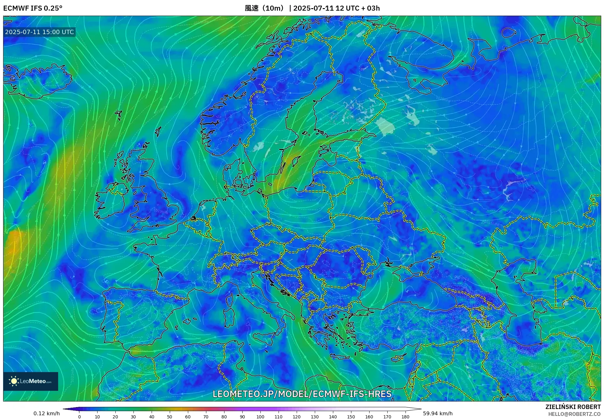 ECMWF IFS 0.25° model - ヨーロッパ, 風速(10m) ECMWF IFS 0.25° model - ヨーロッパ, 風速(10m)