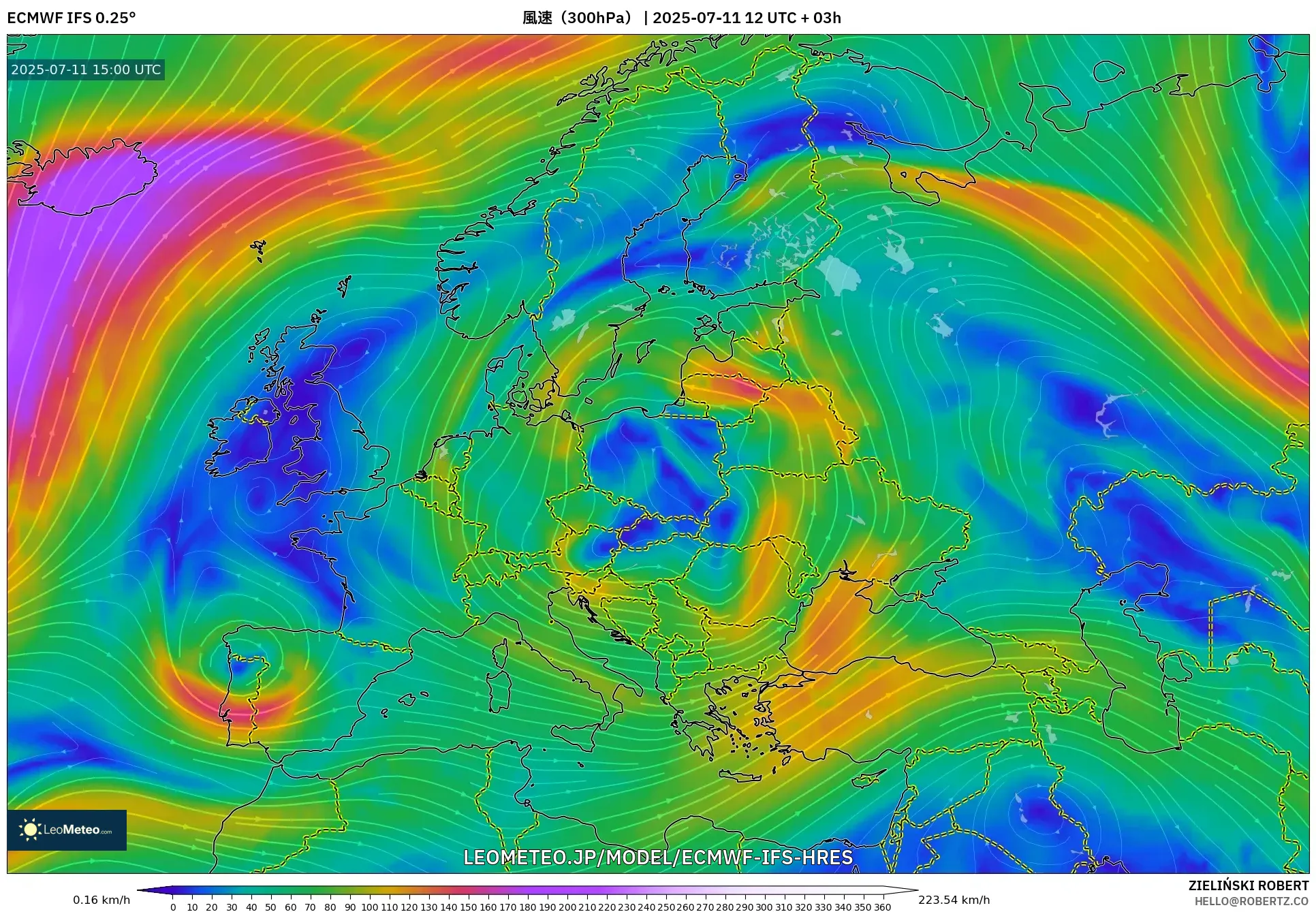 ECMWF IFS 0.25° model - ヨーロッパ, 風速(300hPa) ECMWF IFS 0.25° model - ヨーロッパ, 風速(300hPa)
