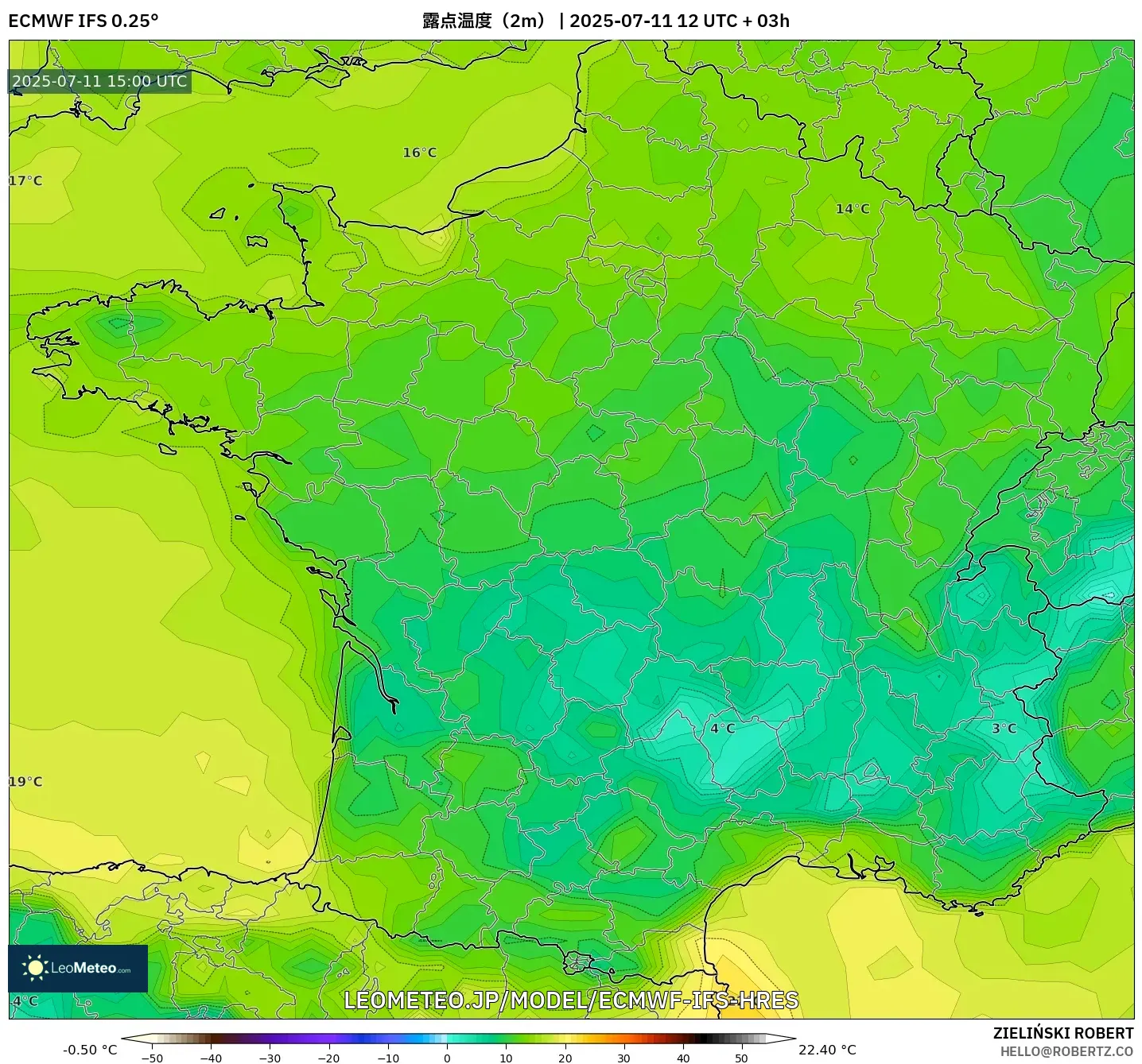 ECMWF IFS 0.25° model - フランス, 露点温度(2m) ECMWF IFS 0.25° model - フランス, 露点温度(2m)