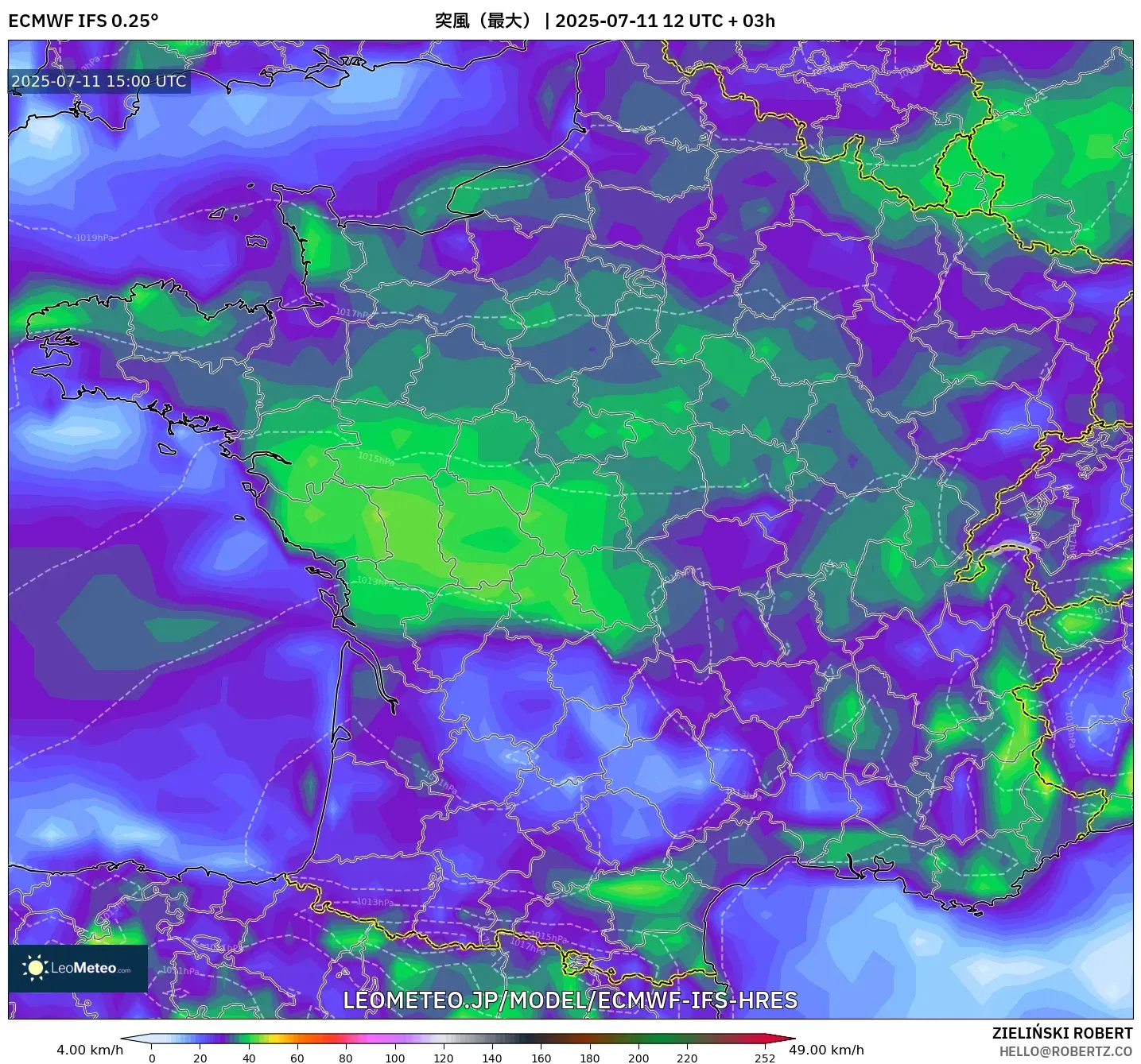 ECMWF IFS 0.25° model - フランス, 突風（最大）