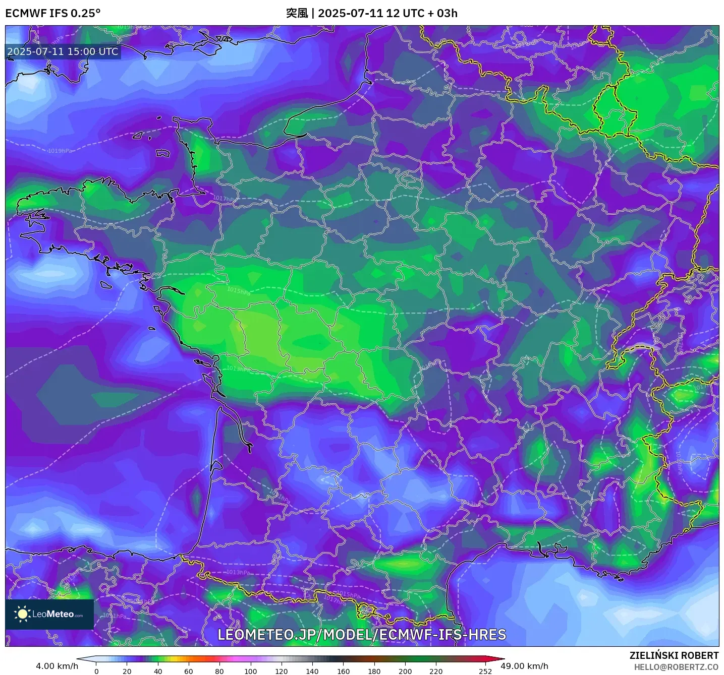 ECMWF IFS 0.25° model - フランス, 突風 ECMWF IFS 0.25° model - フランス, 突風