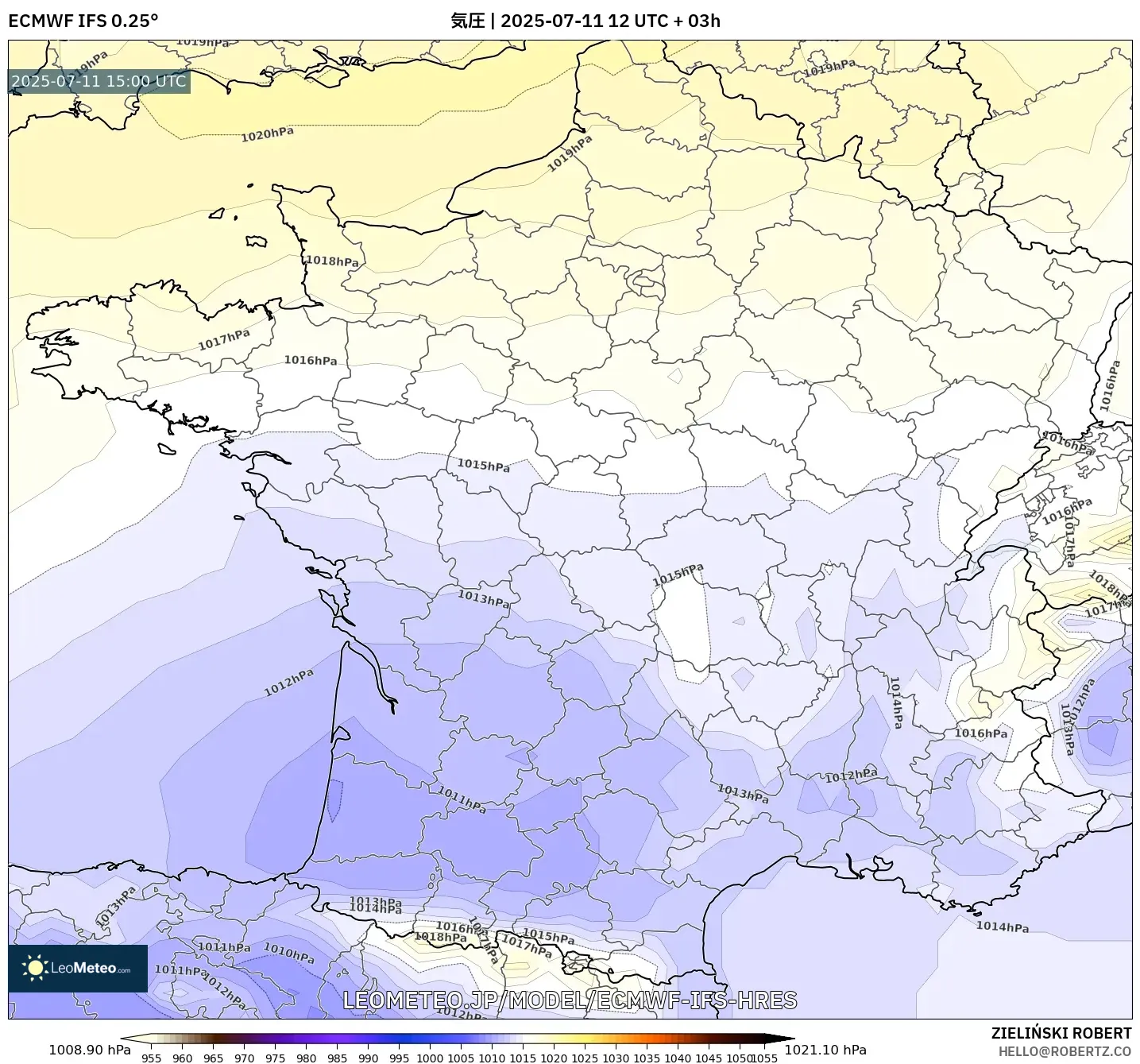 ECMWF IFS 0.25° model - フランス, 気圧 ECMWF IFS 0.25° model - フランス, 気圧