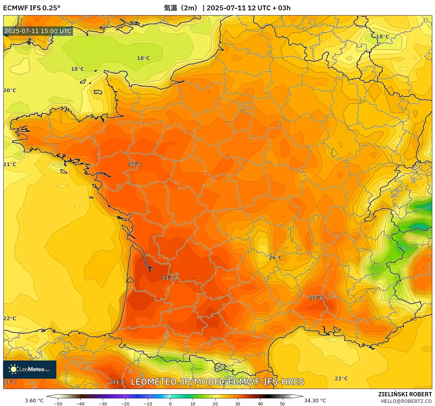 ECMWF IFS 0.25° model - フランス, 気温（2m）