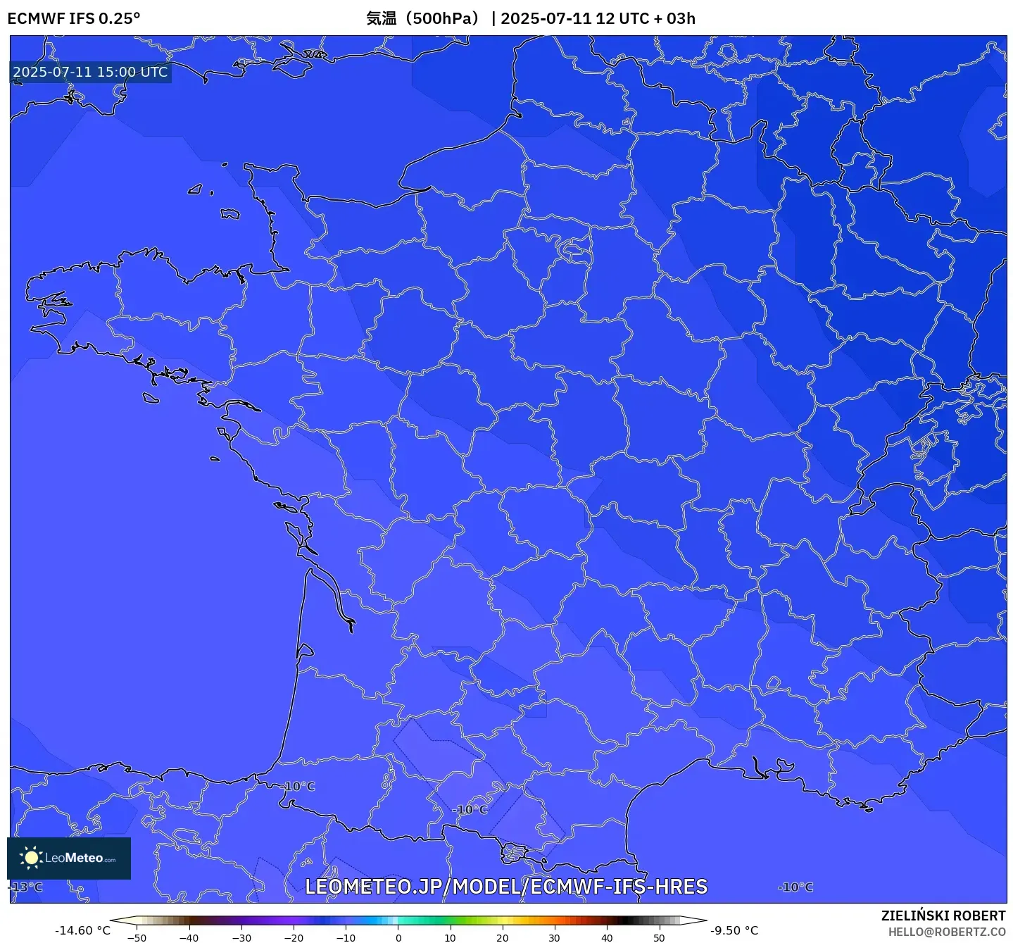 ECMWF IFS 0.25° model - フランス, 気温（500hPa）