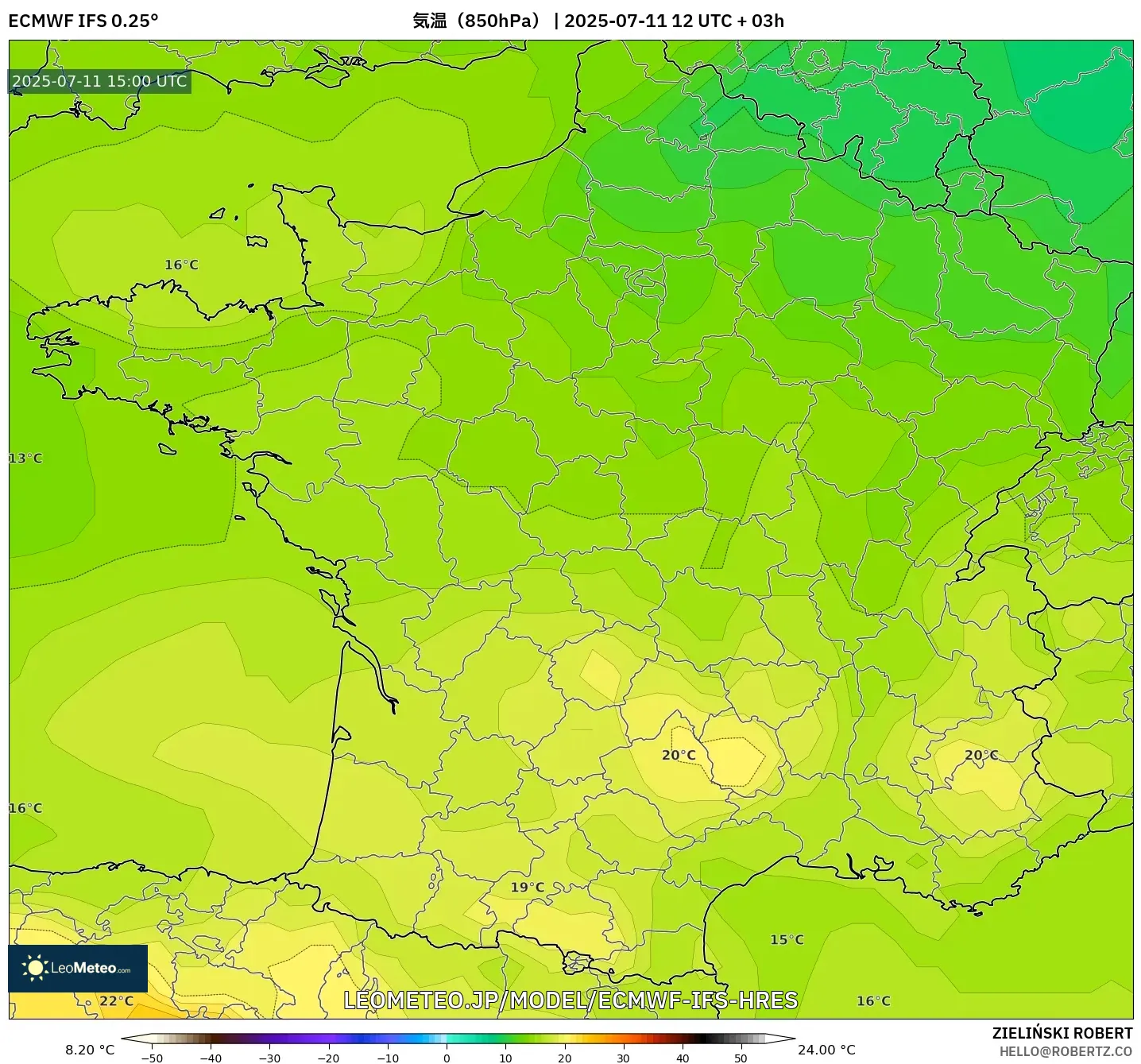 ECMWF IFS 0.25° model - フランス, 気温(850hPa) ECMWF IFS 0.25° model - フランス, 気温(850hPa)
