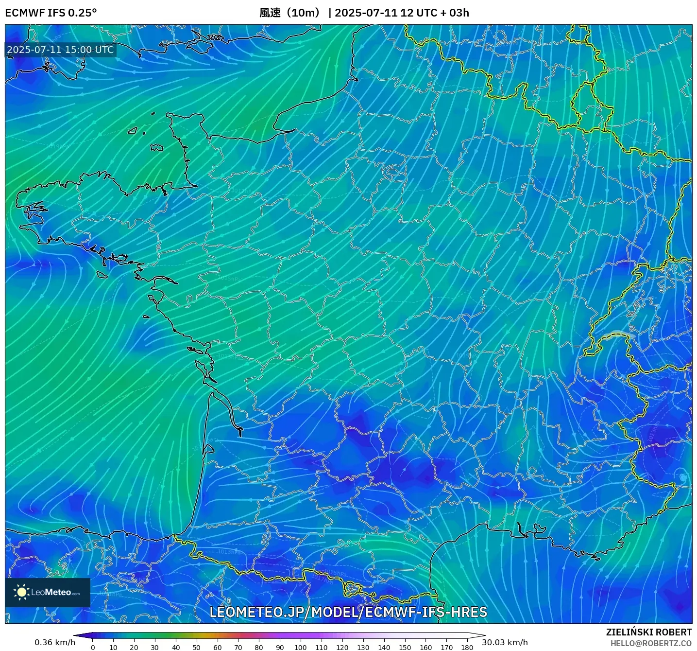 ECMWF IFS 0.25° model - フランス, 風速(10m) ECMWF IFS 0.25° model - フランス, 風速(10m)