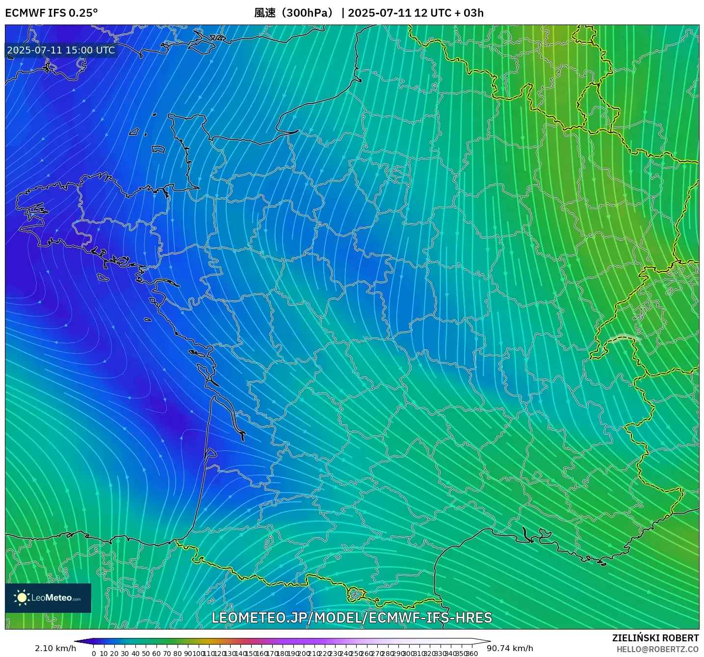 ECMWF IFS 0.25° model - フランス, 風速（300hPa）