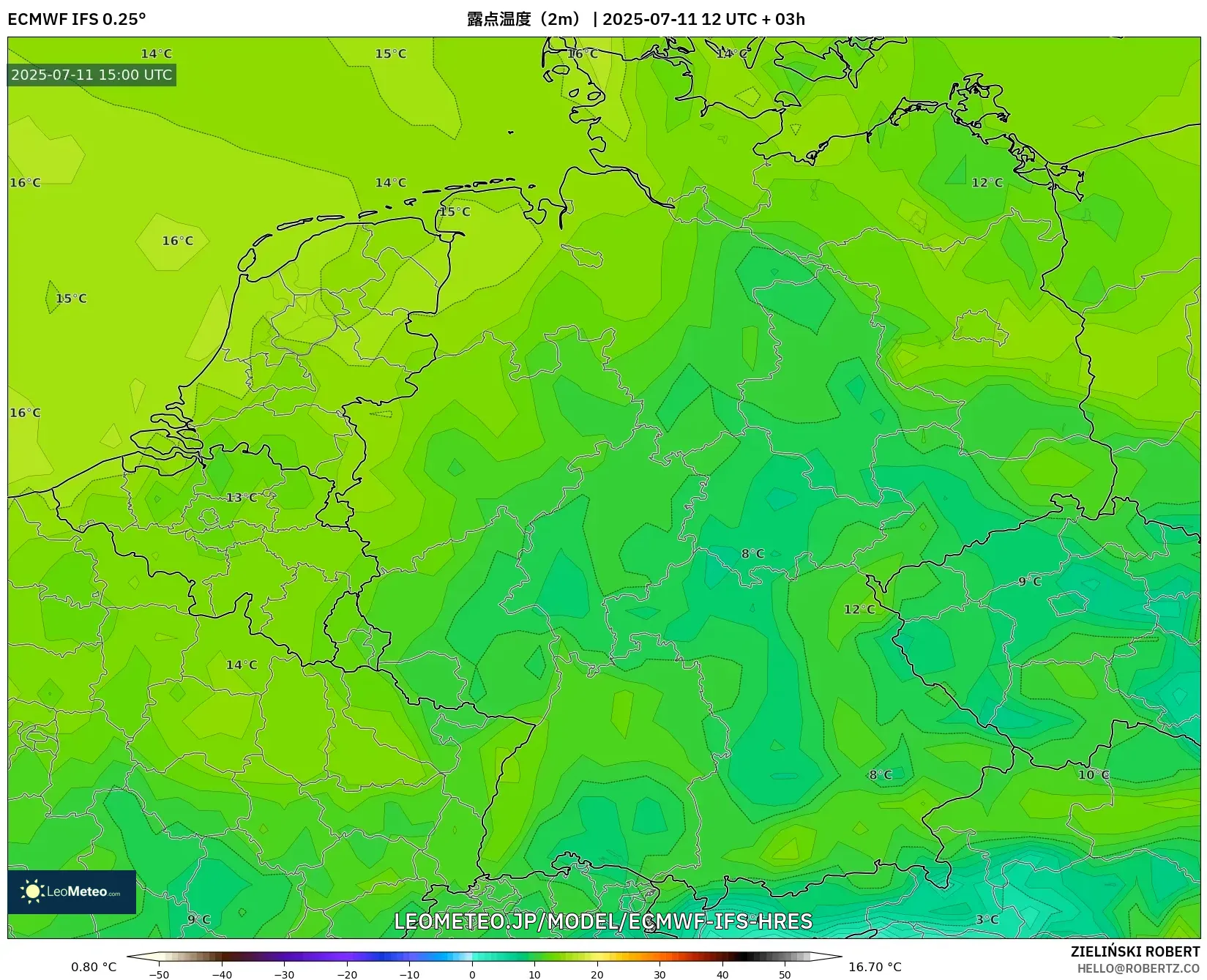 ECMWF IFS 0.25° model - ドイツ, 露点温度(2m) ECMWF IFS 0.25° model - ドイツ, 露点温度(2m)