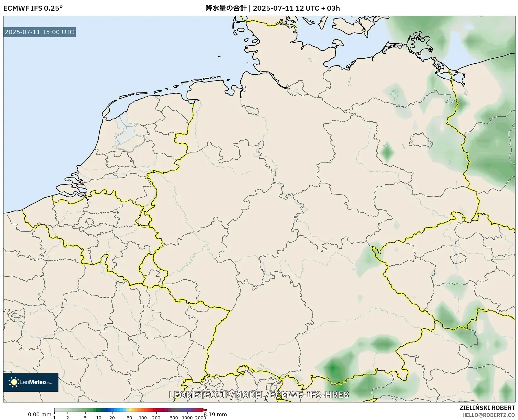 ECMWF IFS 0.25° model - ドイツ, 降水量の合計 ECMWF IFS 0.25° model - ドイツ, 降水量の合計